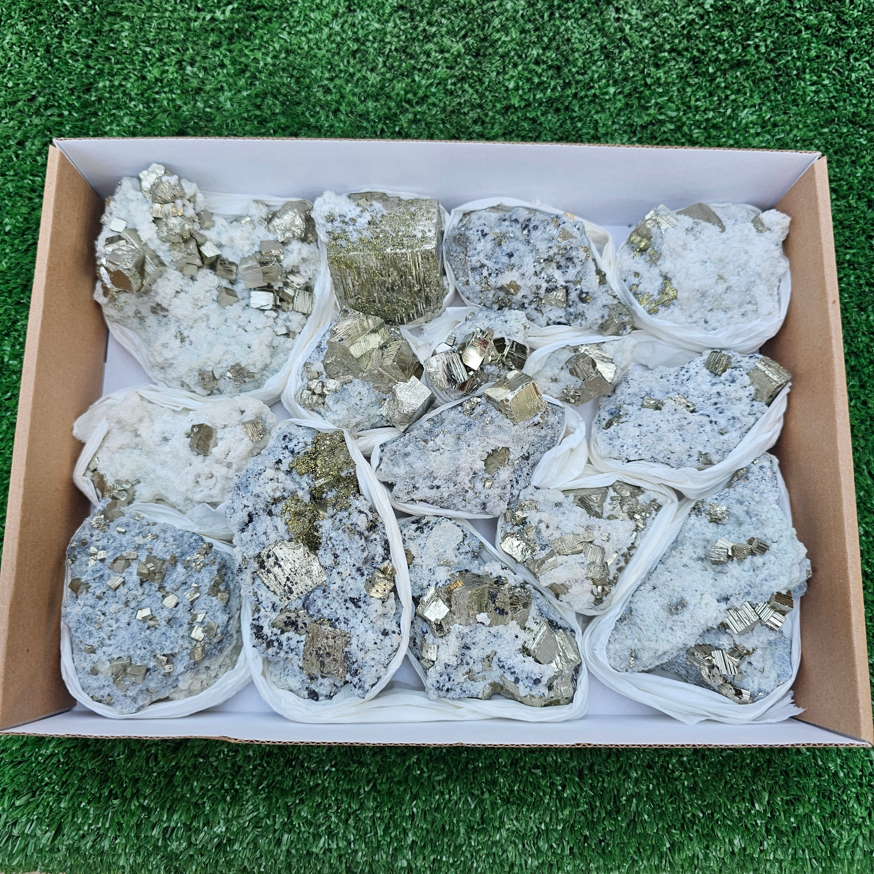 15 pc Pyrite Cubic with calcite flourecent