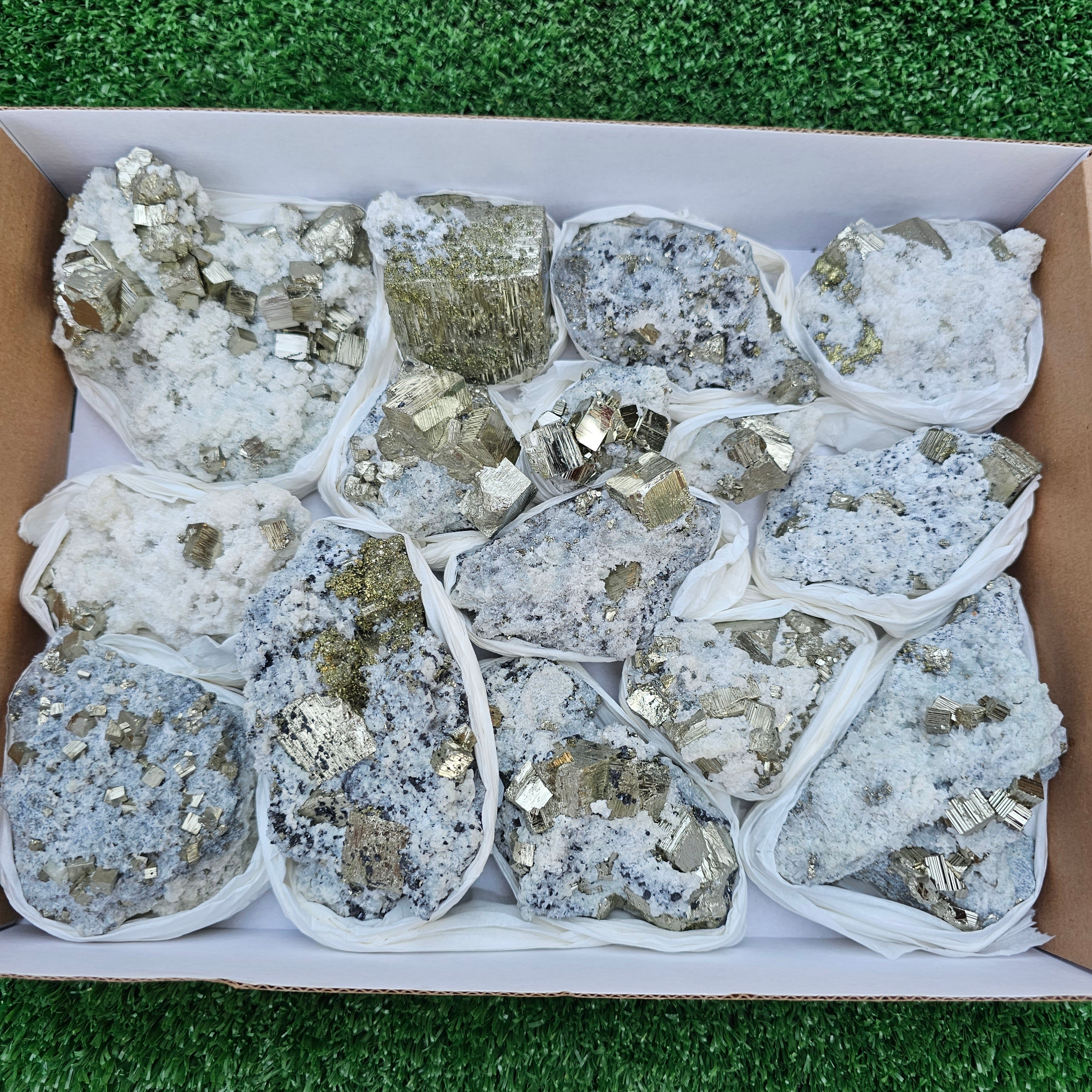 15 pc Pyrite Cubic with calcite flourecent