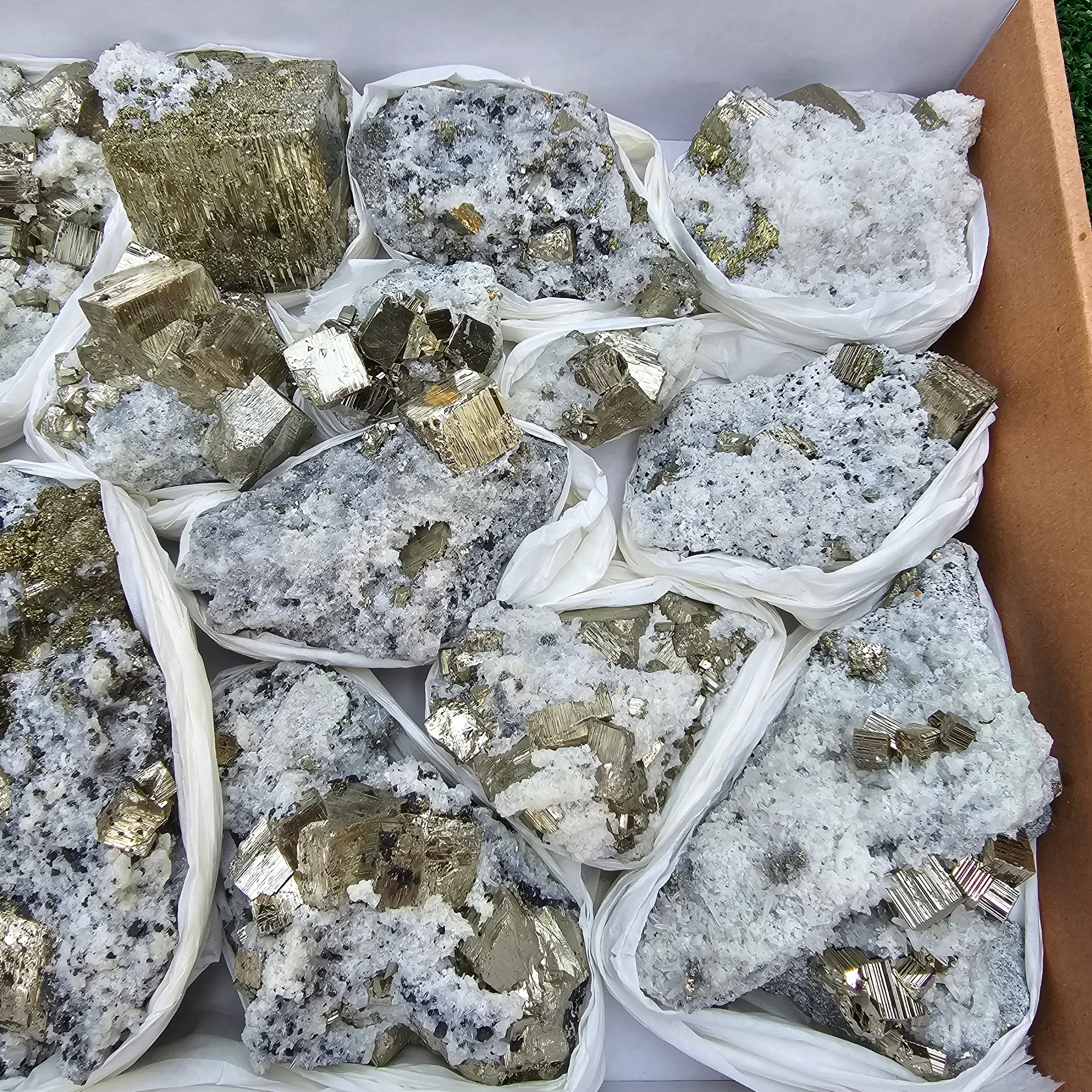 15 pc Pyrite Cubic with calcite flourecent
