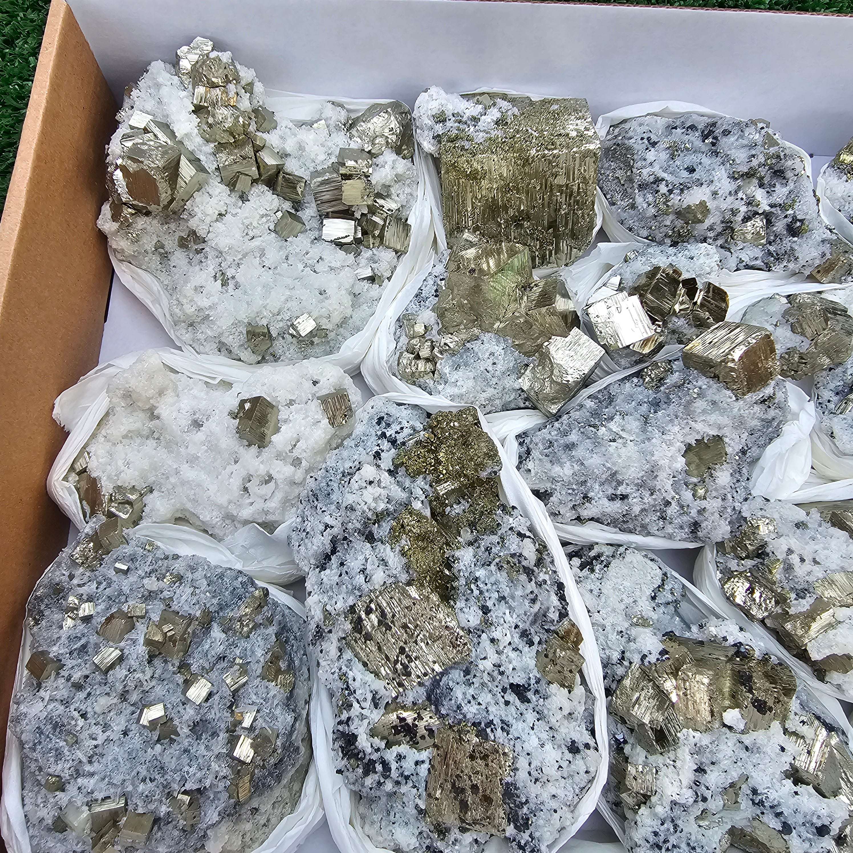 15 pc Pyrite Cubic with calcite flourecent
