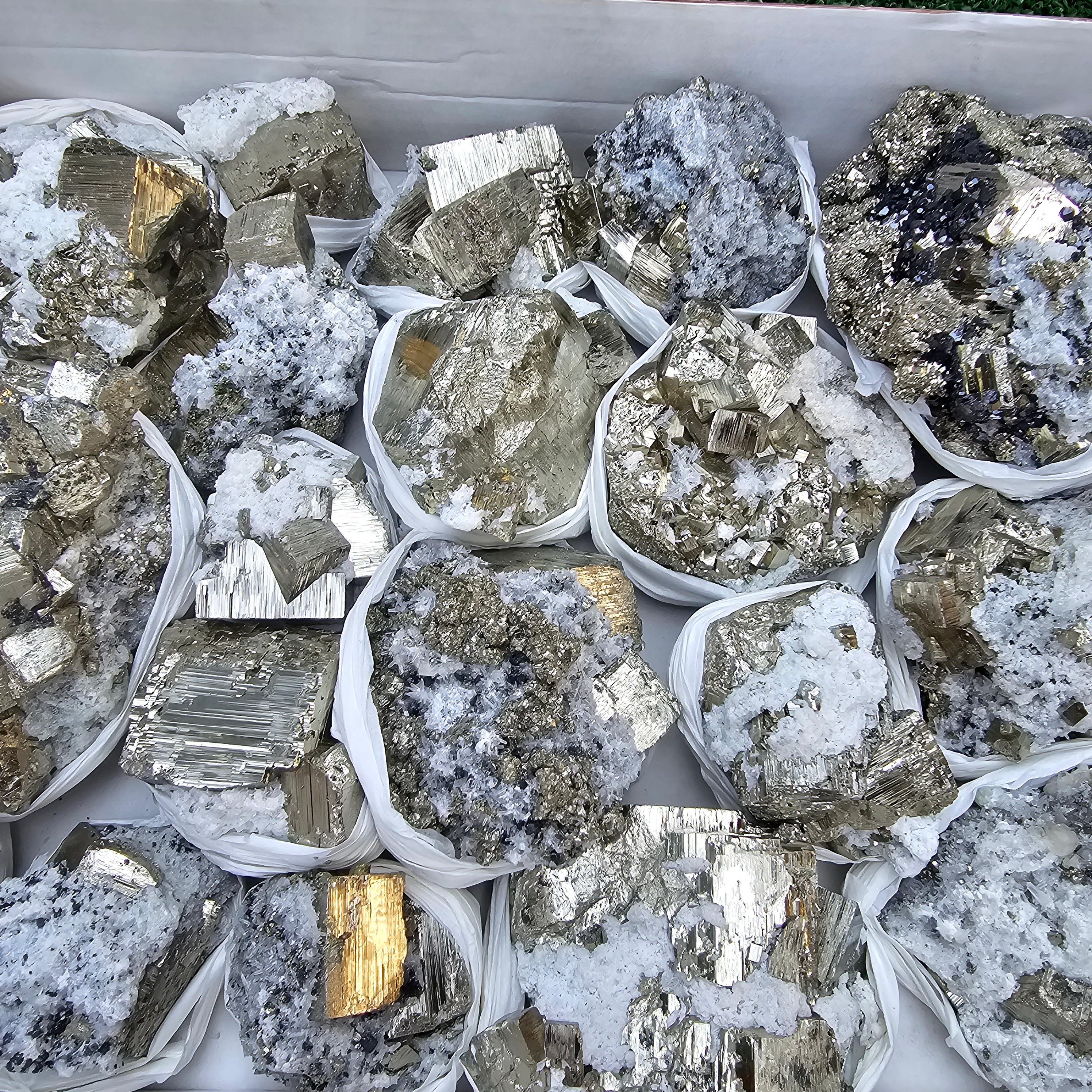 19 pc Pyrite Cubic with calcite flourecent