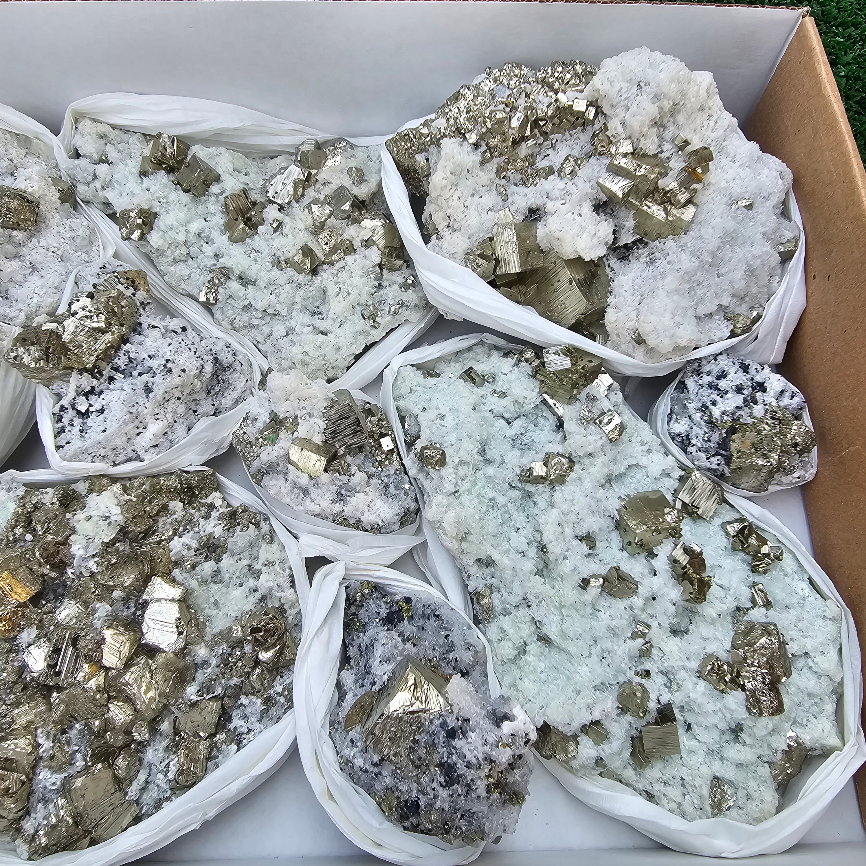 12 pc Pyrite Cubic with calcite flourecent