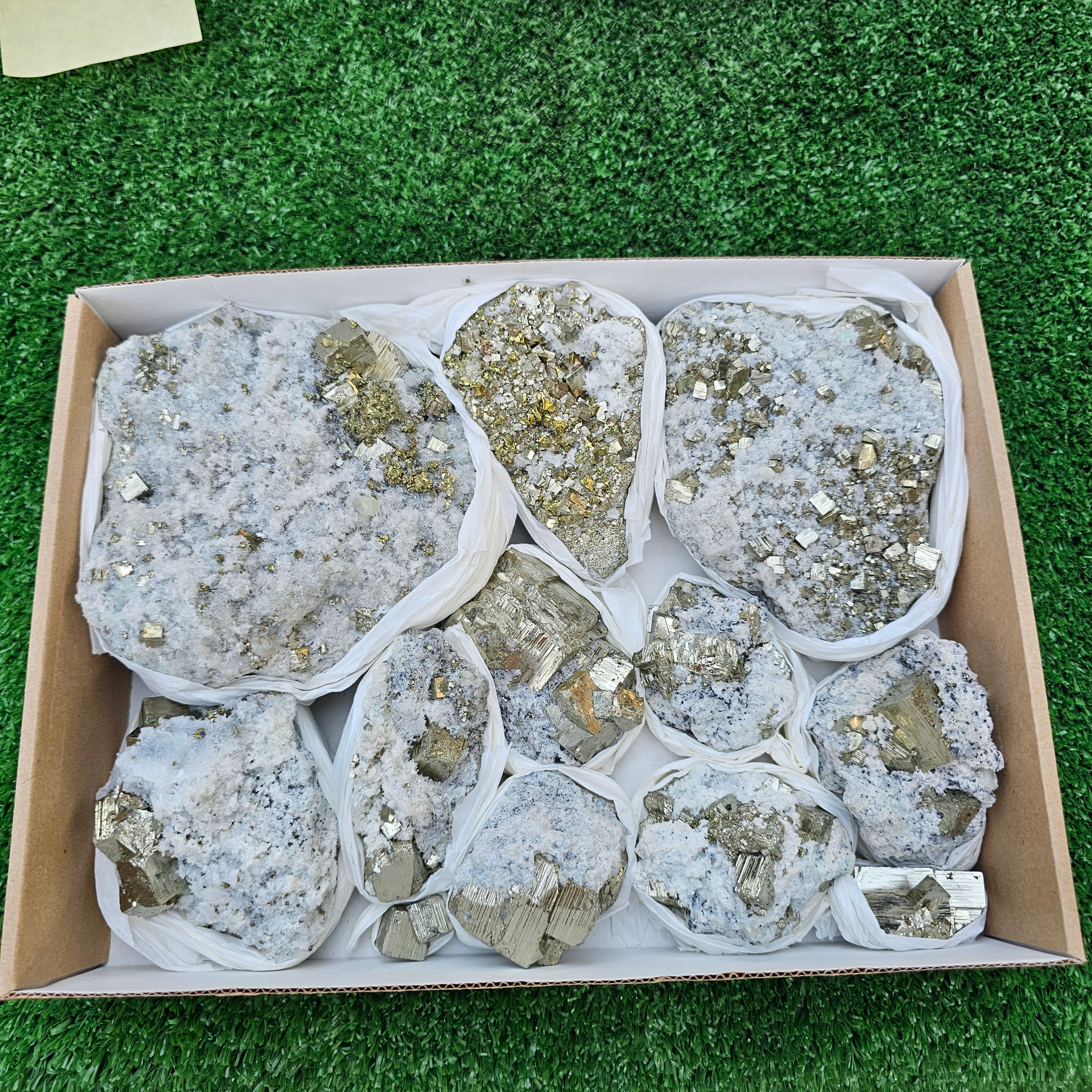 11 pc Pyrite Cubic with calcite flourecent