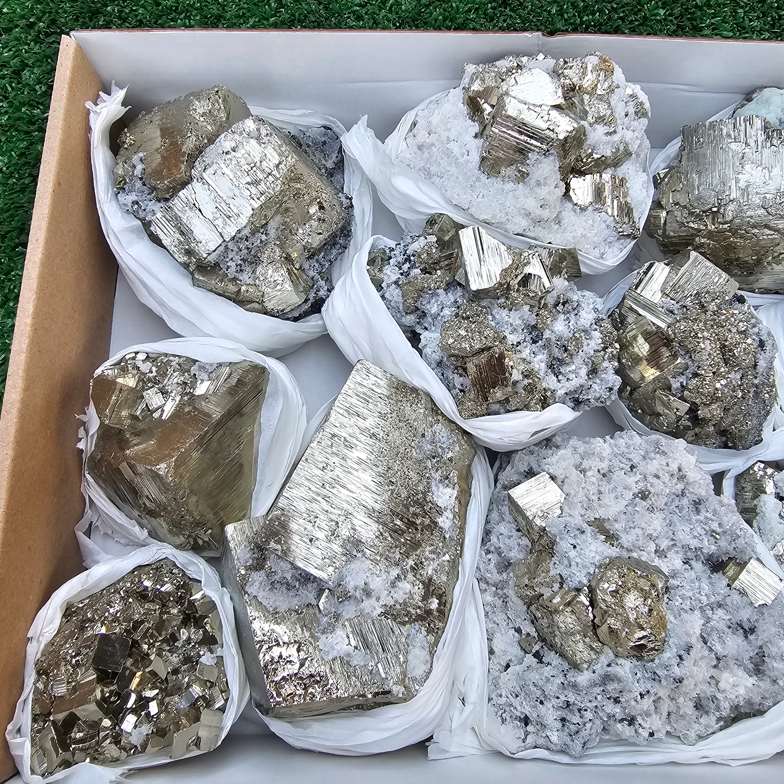 11 pc Pyrite Cubic with calcite flourecent