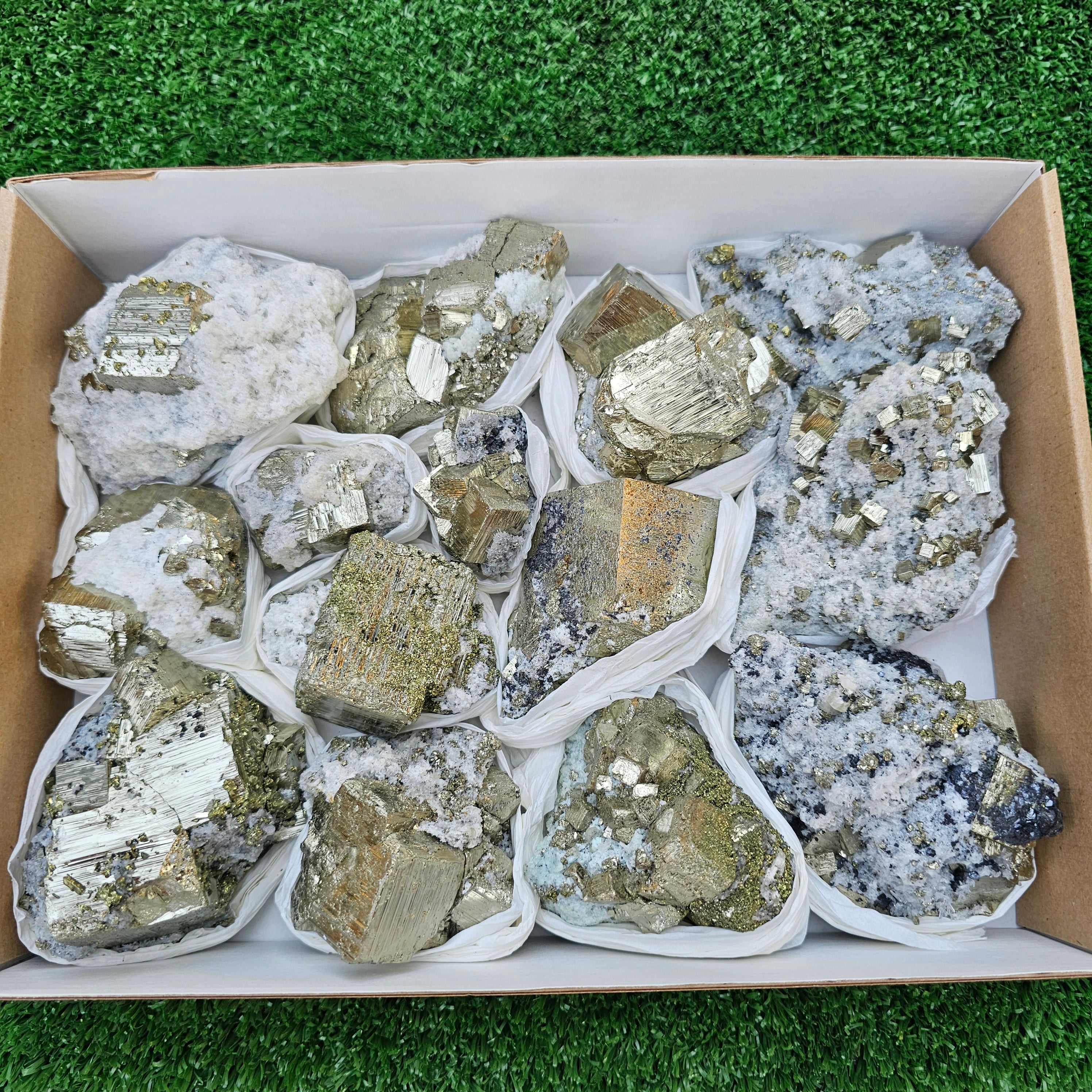 14 pc Pyrite Cubic with calcite flourecent