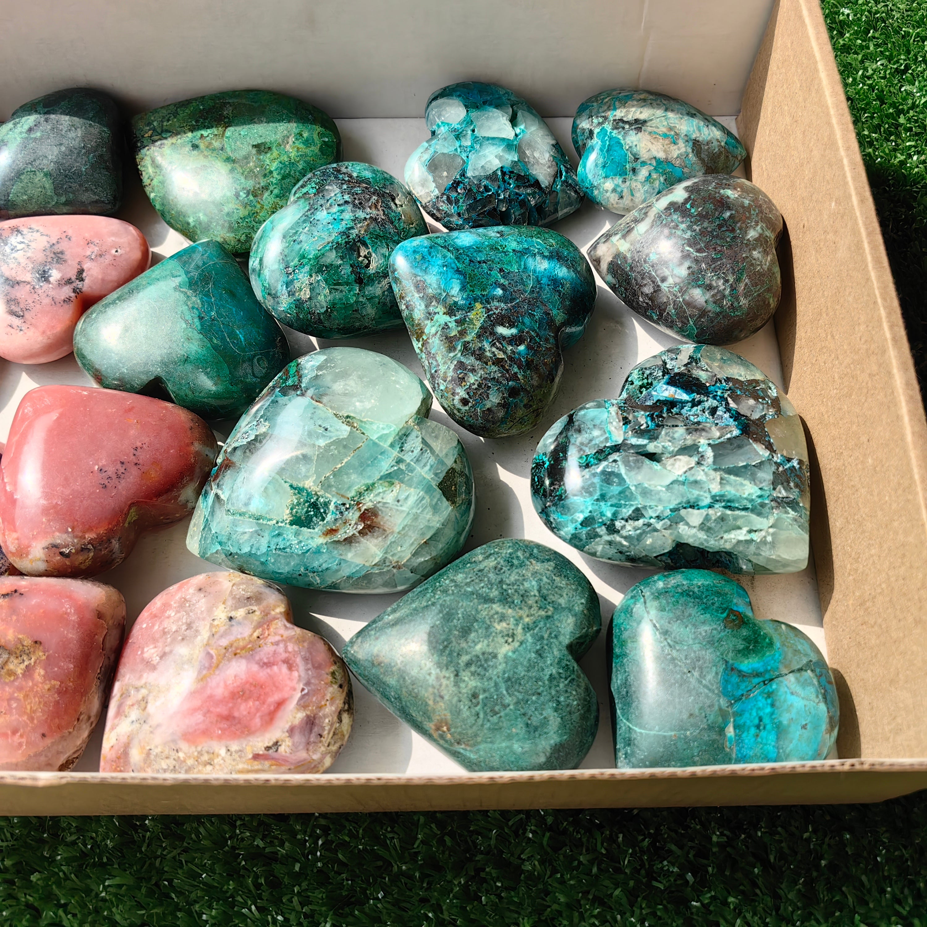 21 pc pink opal & chrysocolla on quartz hearts