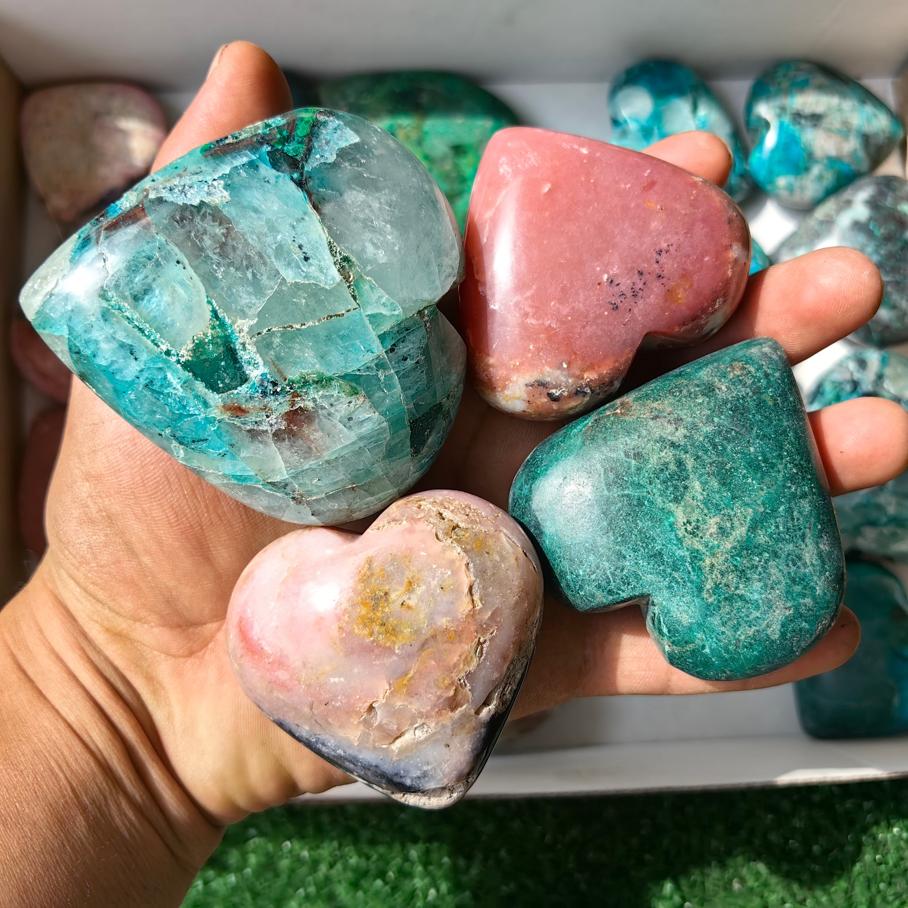 21 pc pink opal & chrysocolla on quartz hearts