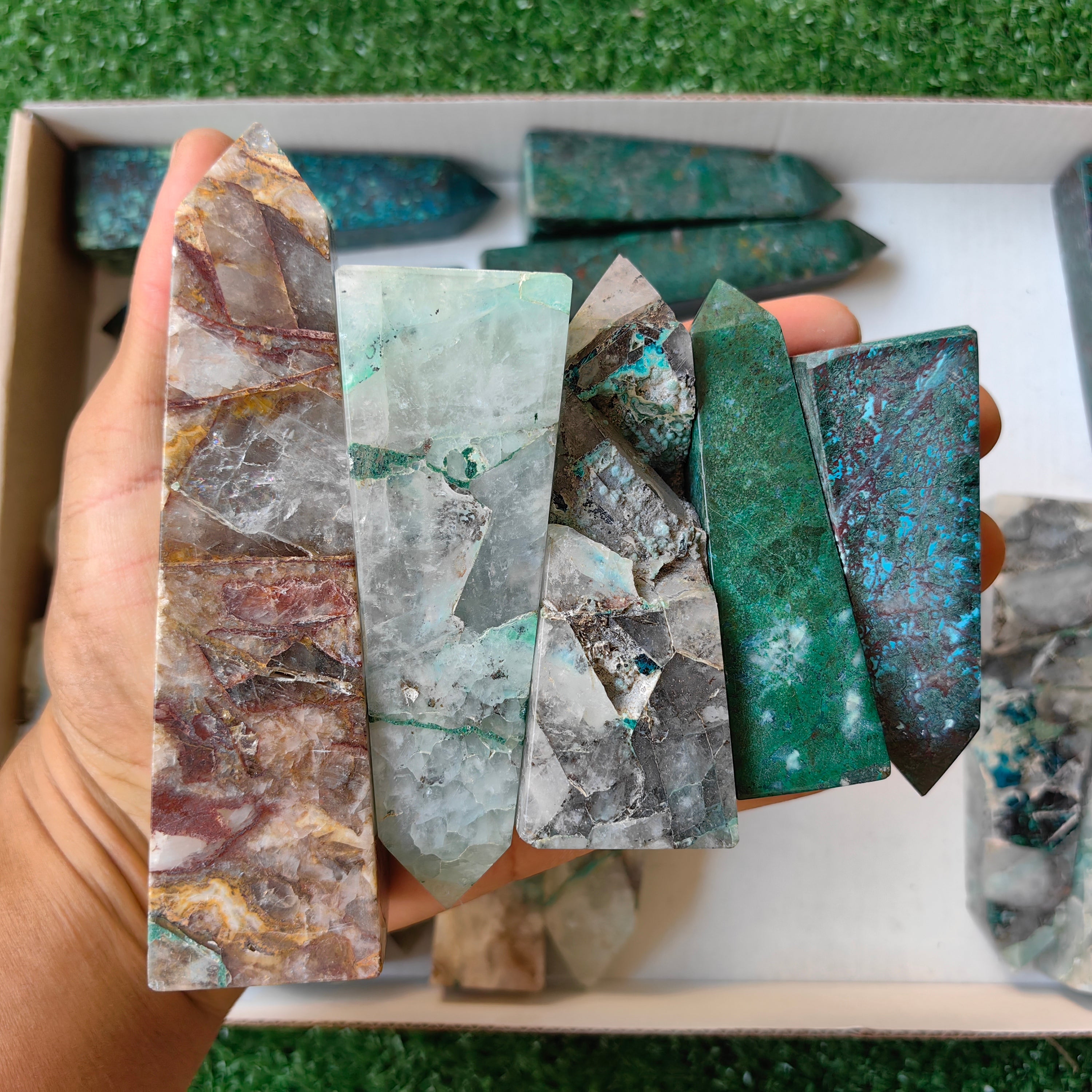 21 pc chrysocolla quartz & chrysocolla towers
