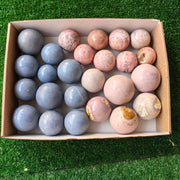 25 pc angelite, phosphosiderite & rhodonite spheres