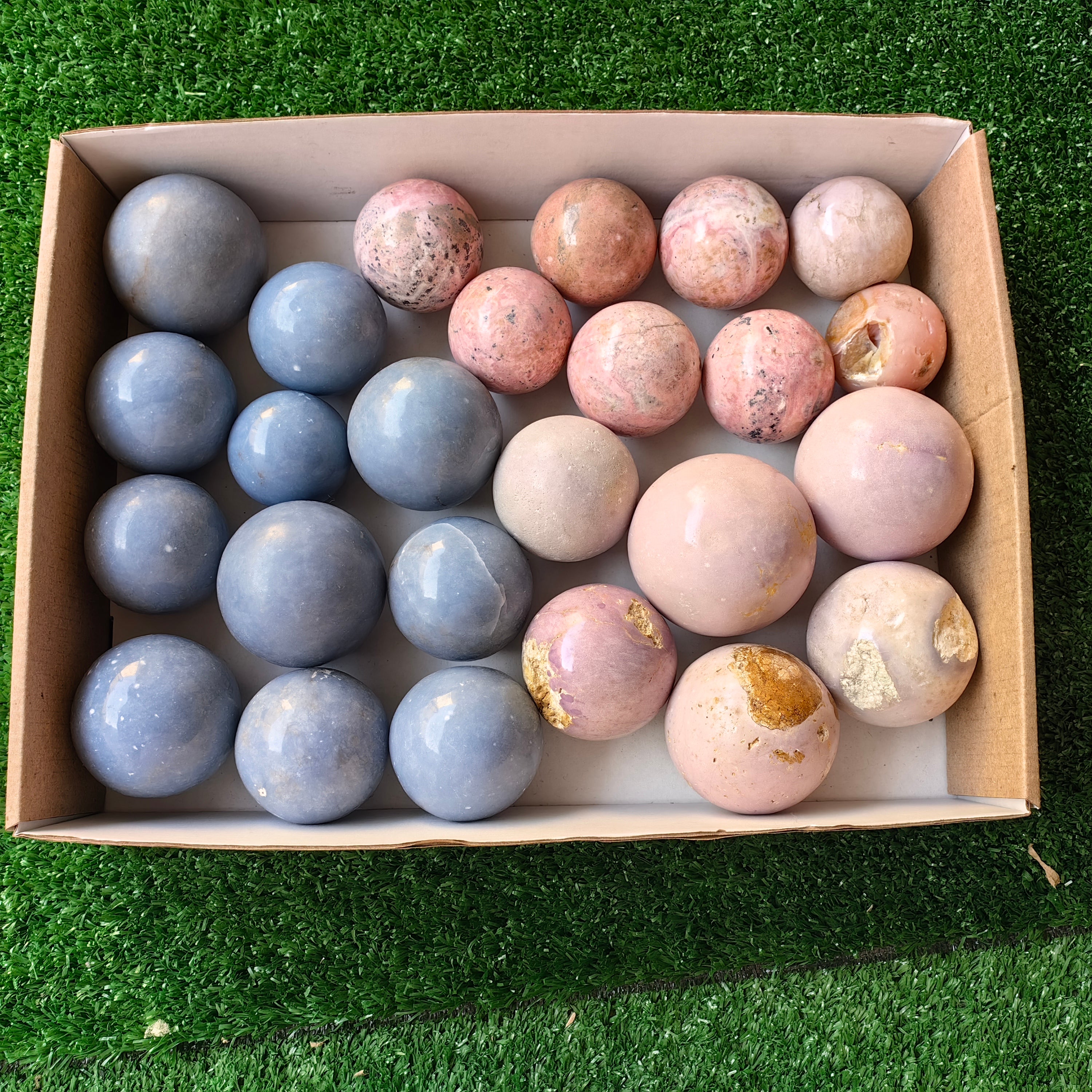 25 pc angelite, phosphosiderite & rhodonite spheres