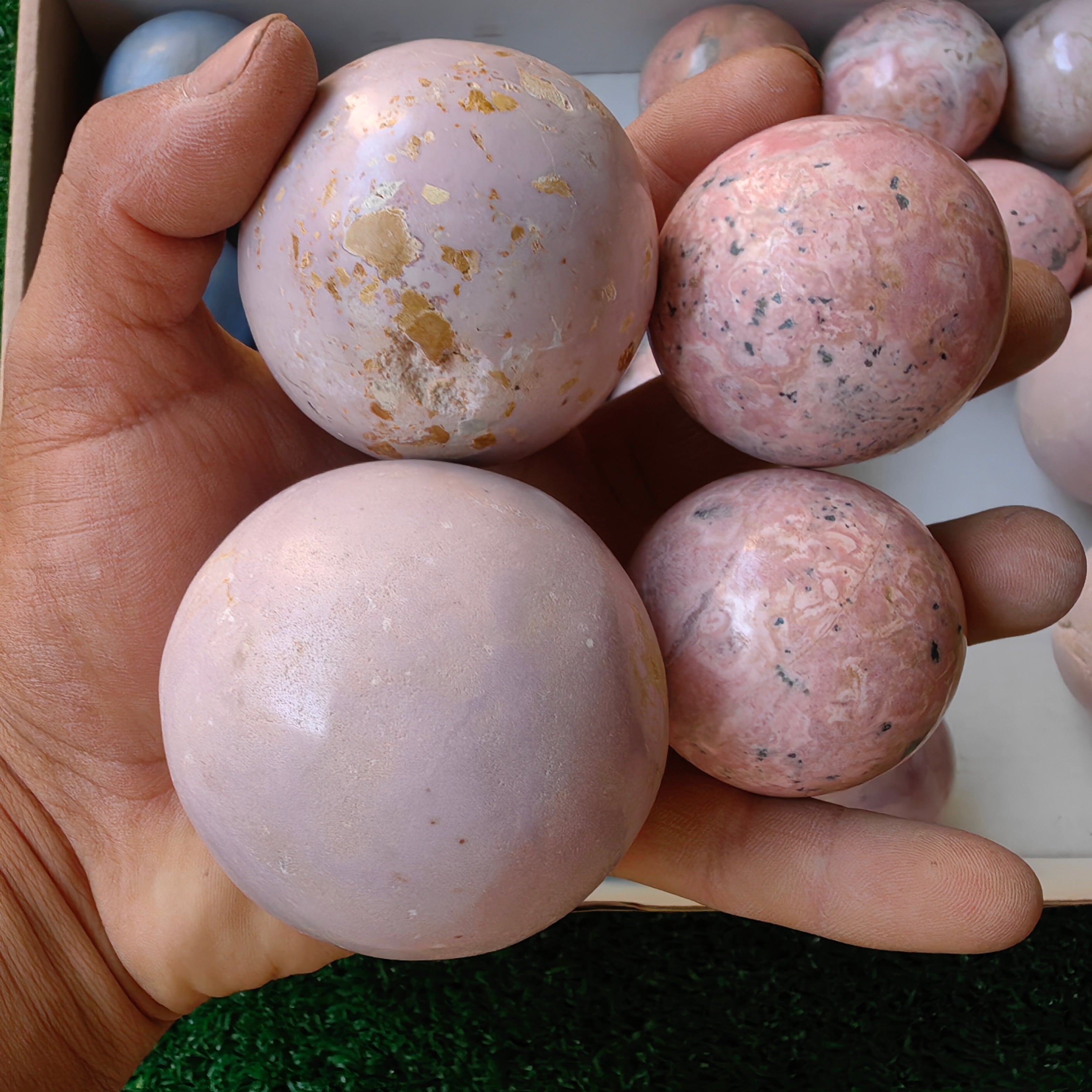 25 pc angelite, phosphosiderite & rhodonite spheres