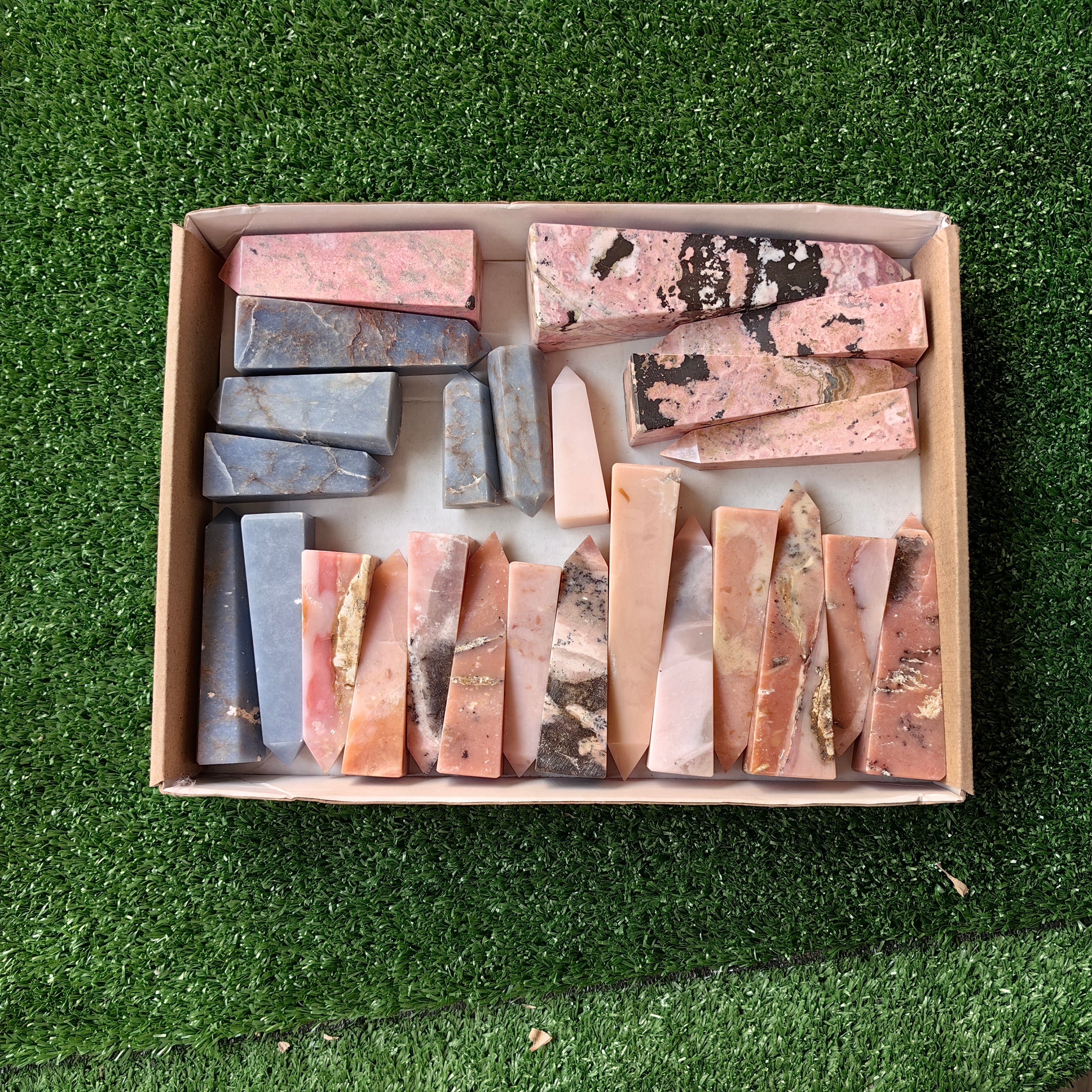 25 pink opal, angelite  & rhodonite towers