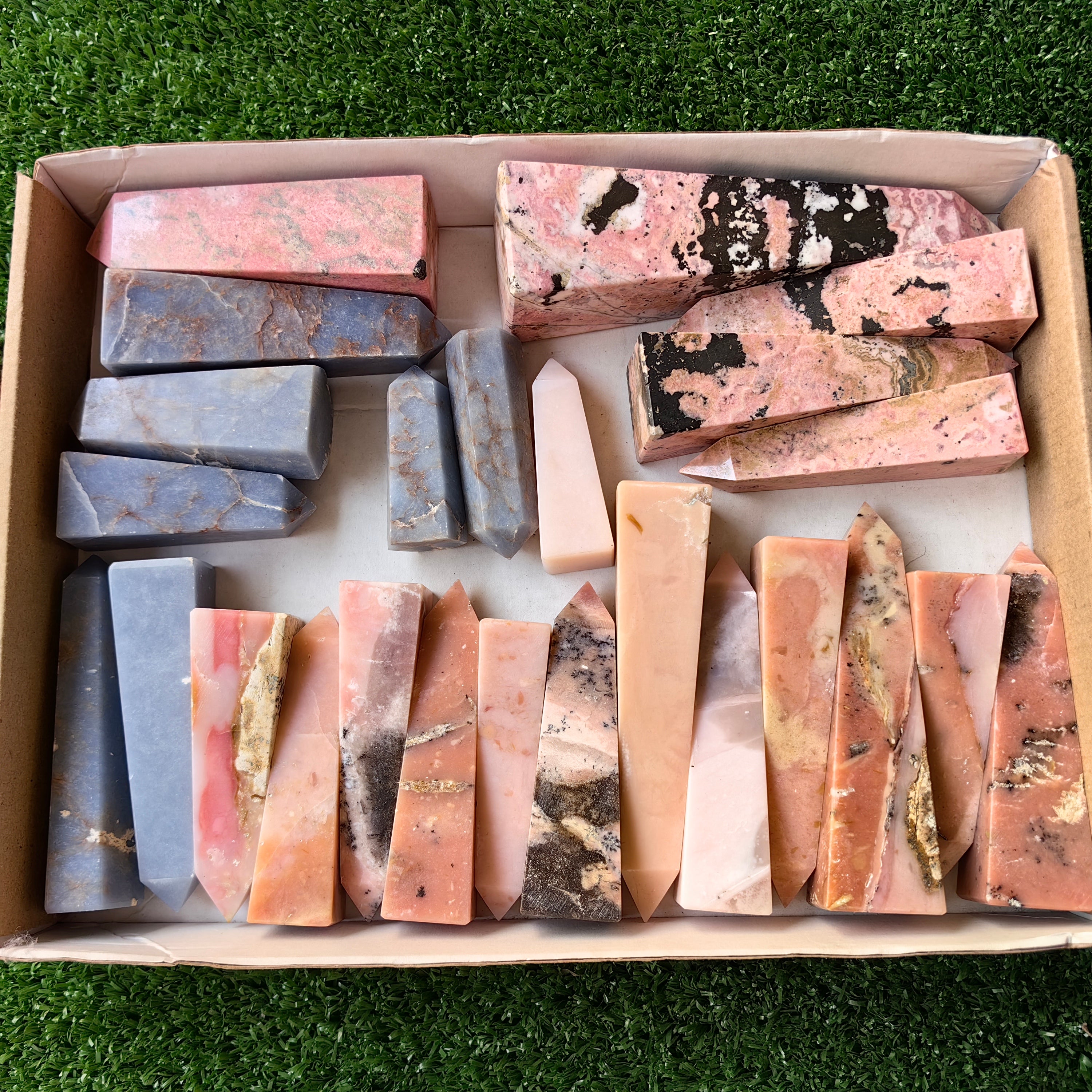 25 pink opal, angelite  & rhodonite towers