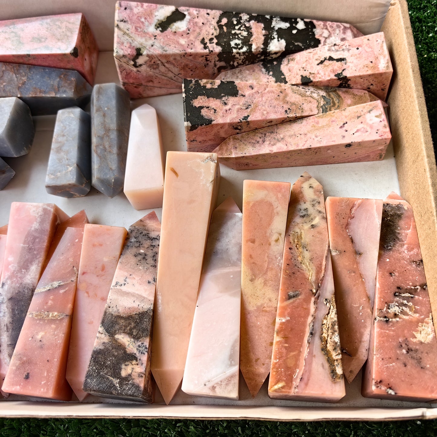 25 pink opal, angelite & rhodonite towers
