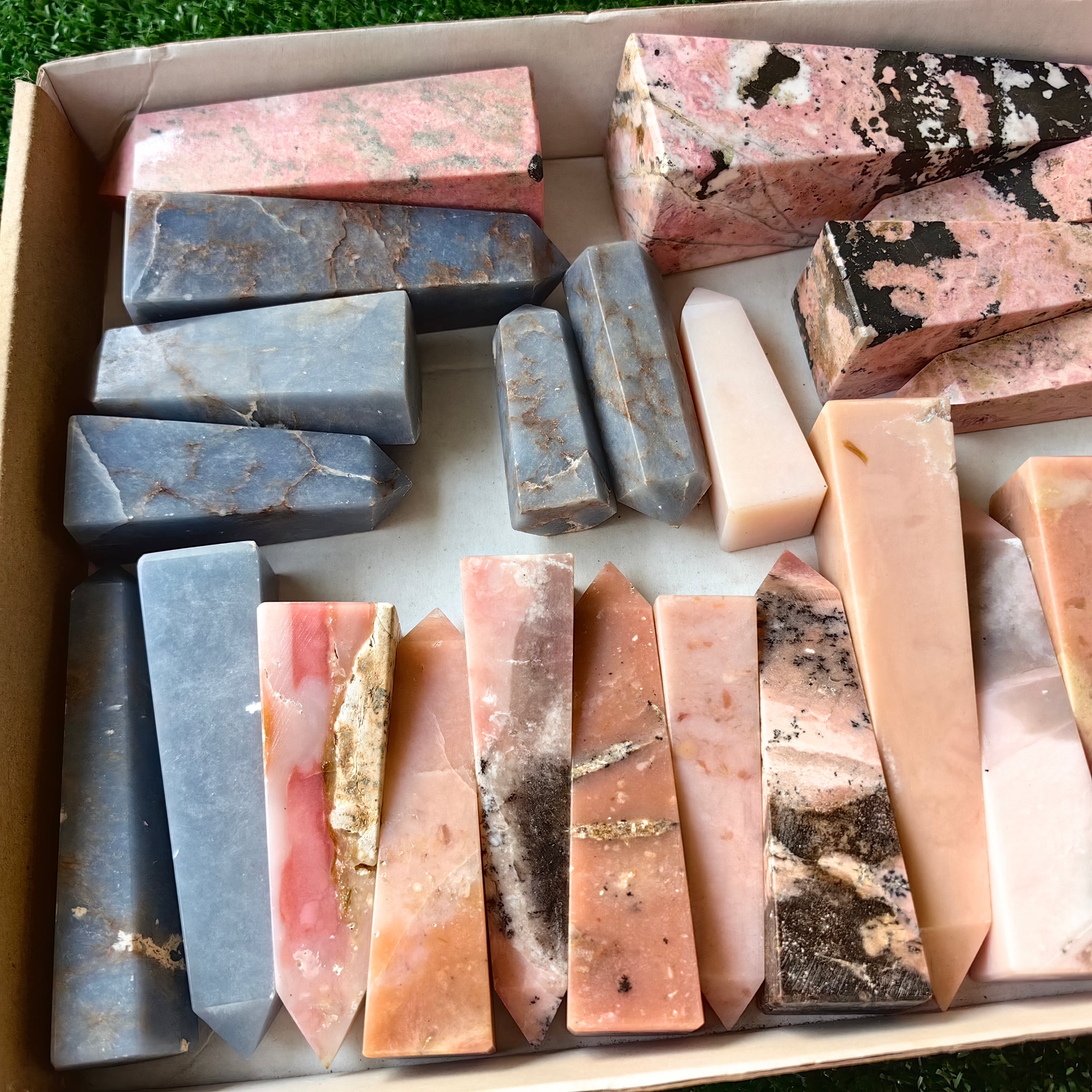 25 pink opal, angelite  & rhodonite towers