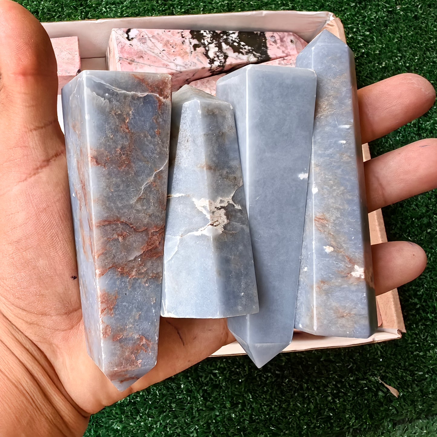 25 pink opal, angelite & rhodonite towers