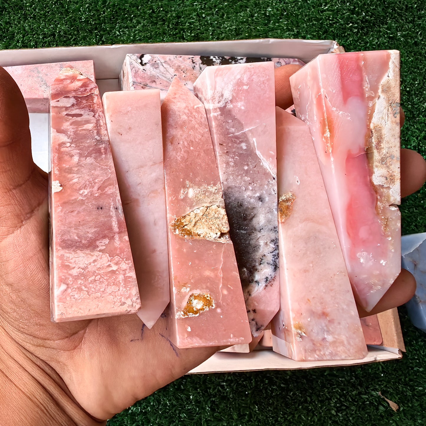 25 pink opal, angelite & rhodonite towers