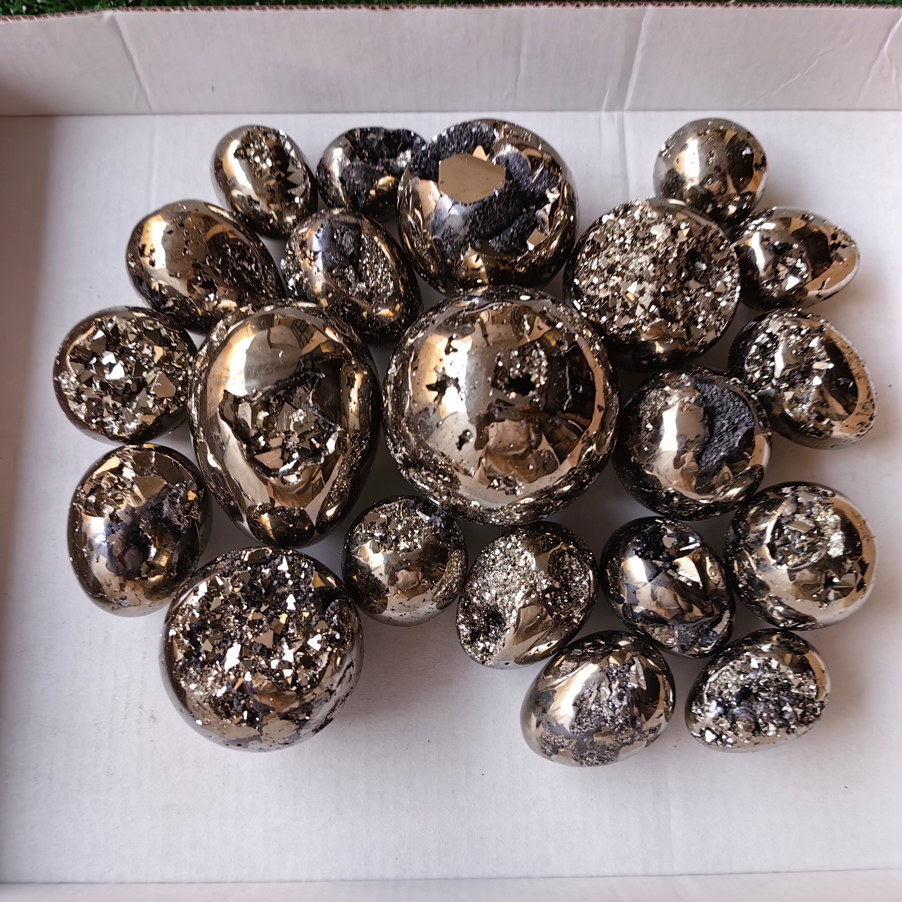 20 pc pyrite spheres / eggs with octactahedral & sphalerite drusy