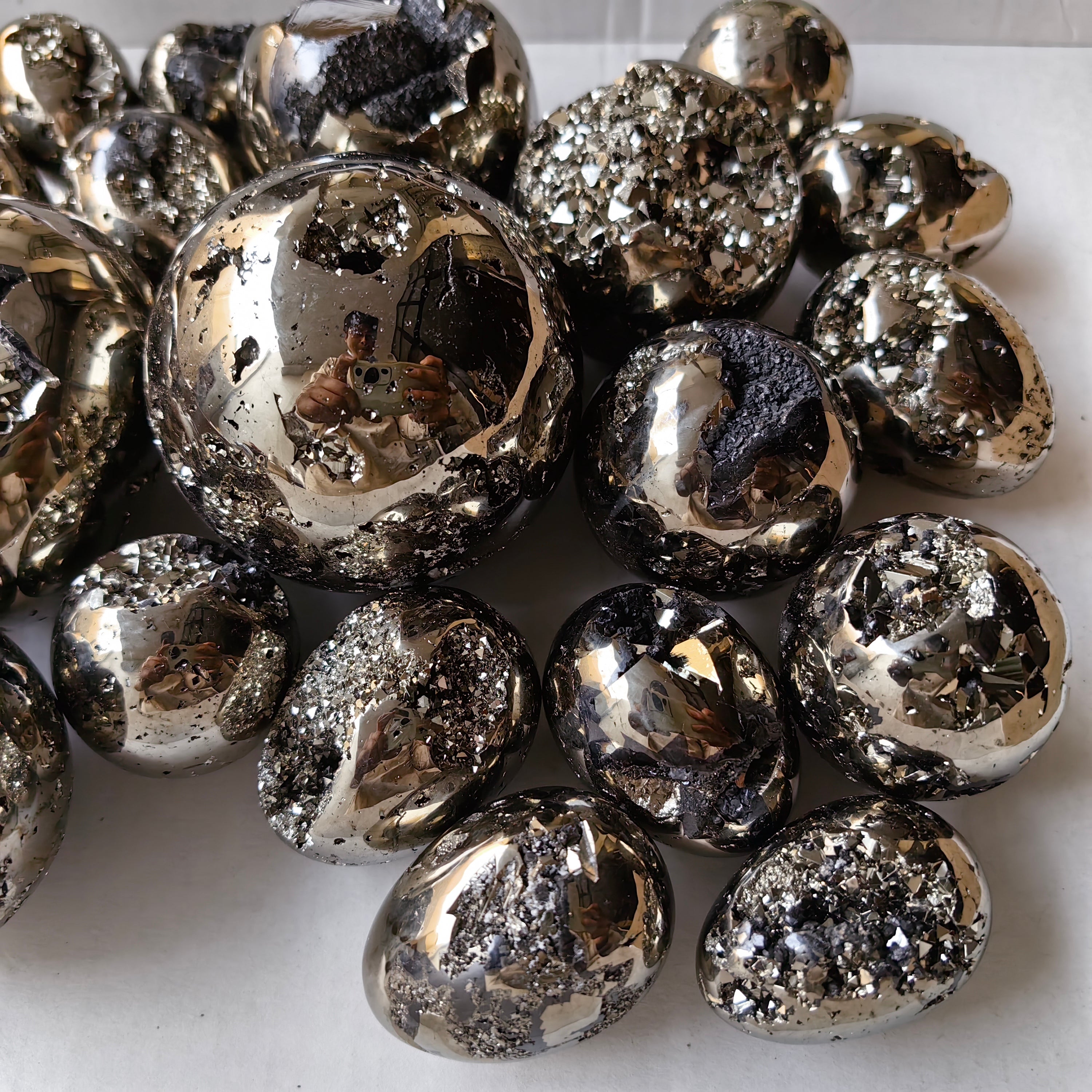 20 pc pyrite spheres / eggs with octactahedral & sphalerite drusy