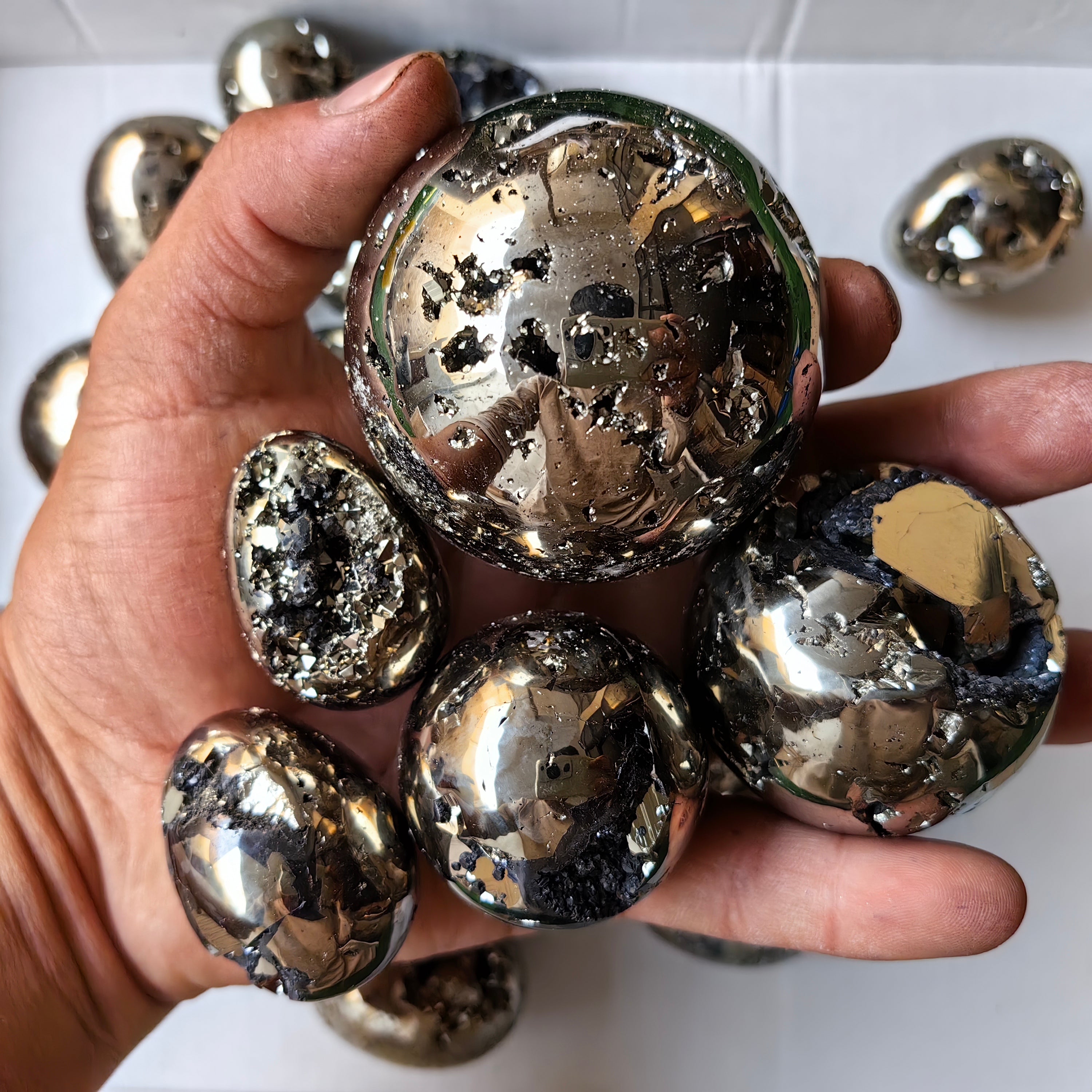 20 pc pyrite spheres / eggs with octactahedral & sphalerite drusy