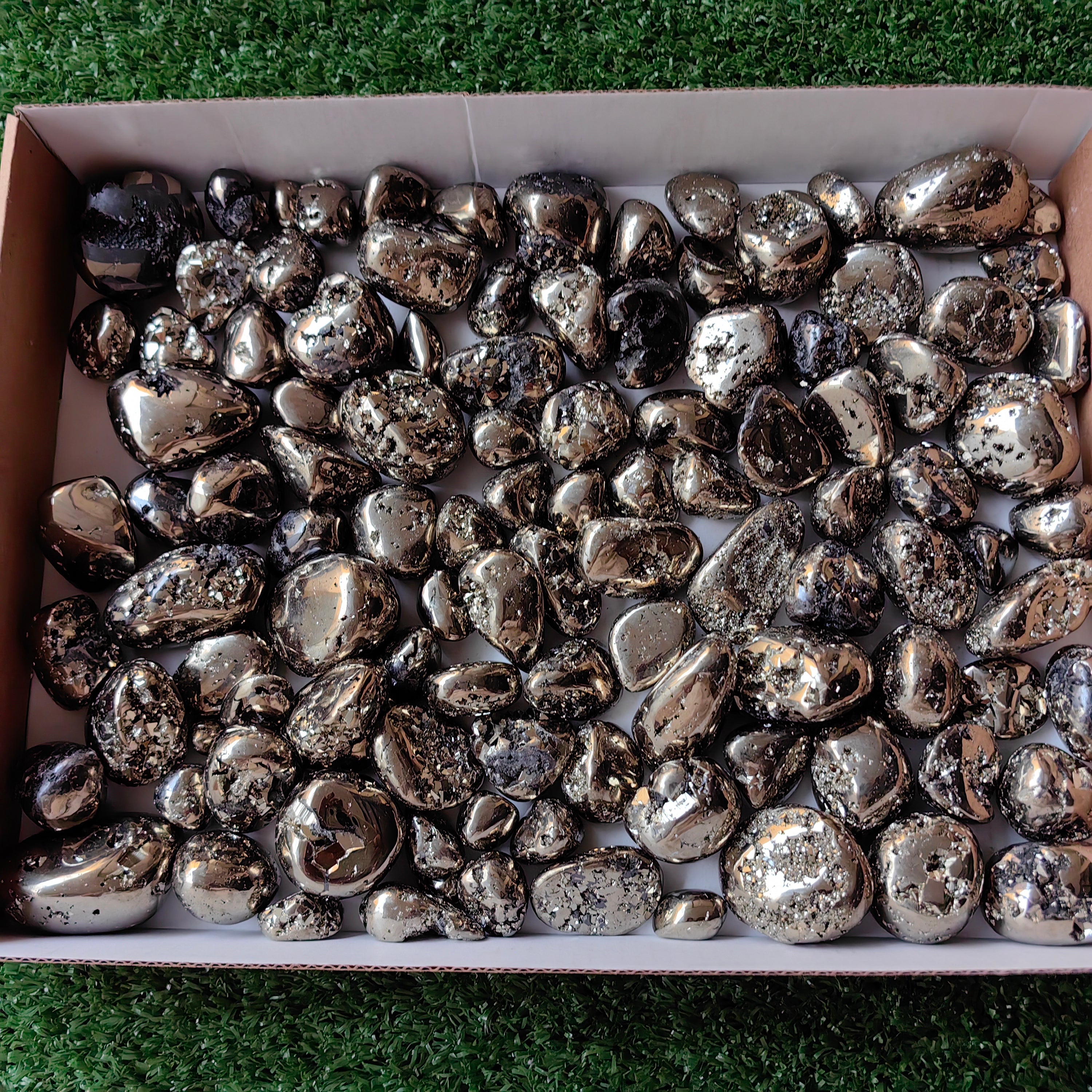 109 pc pyrite tumbled with octactahedral & sphalerite drusy