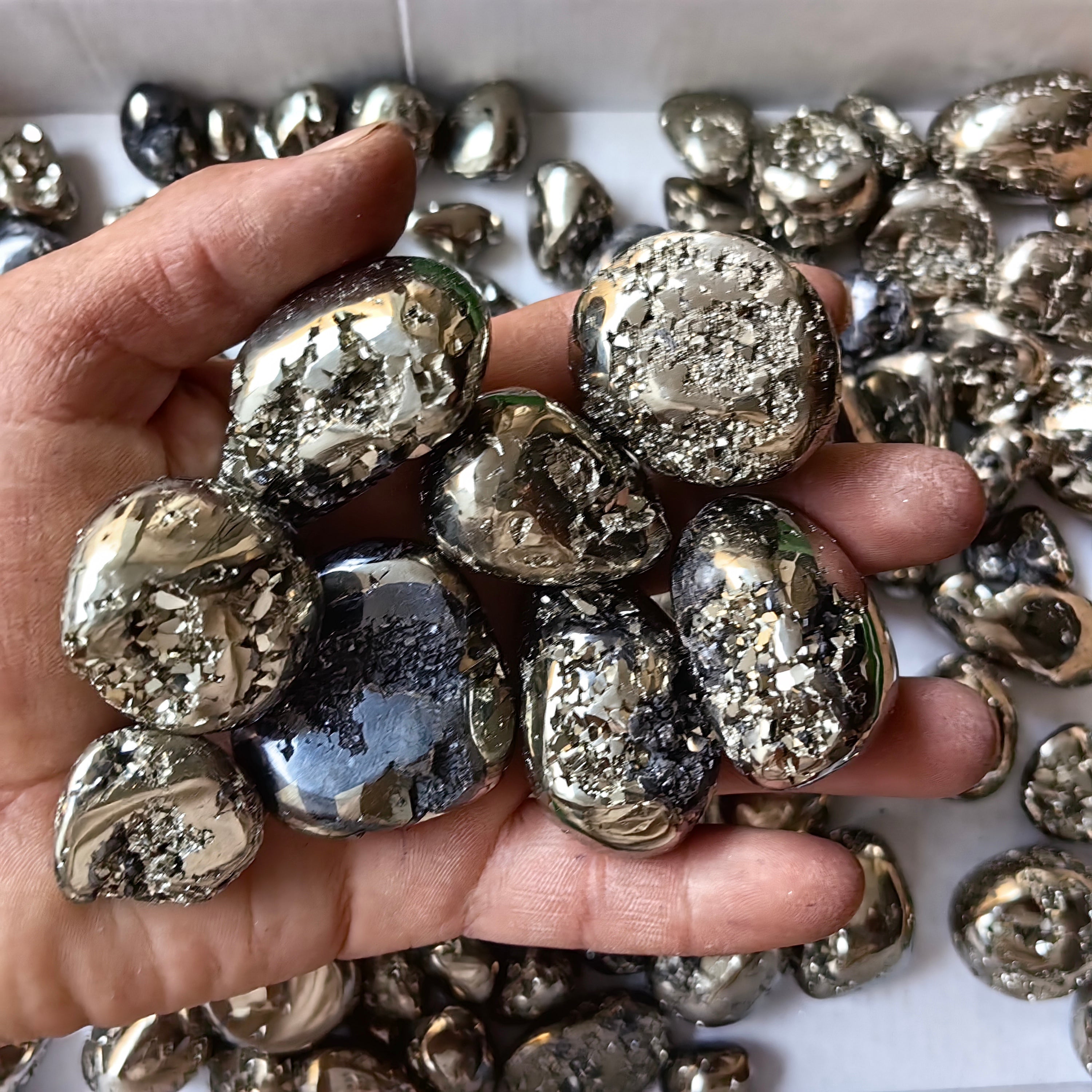 109 pc pyrite tumbled with octactahedral & sphalerite drusy
