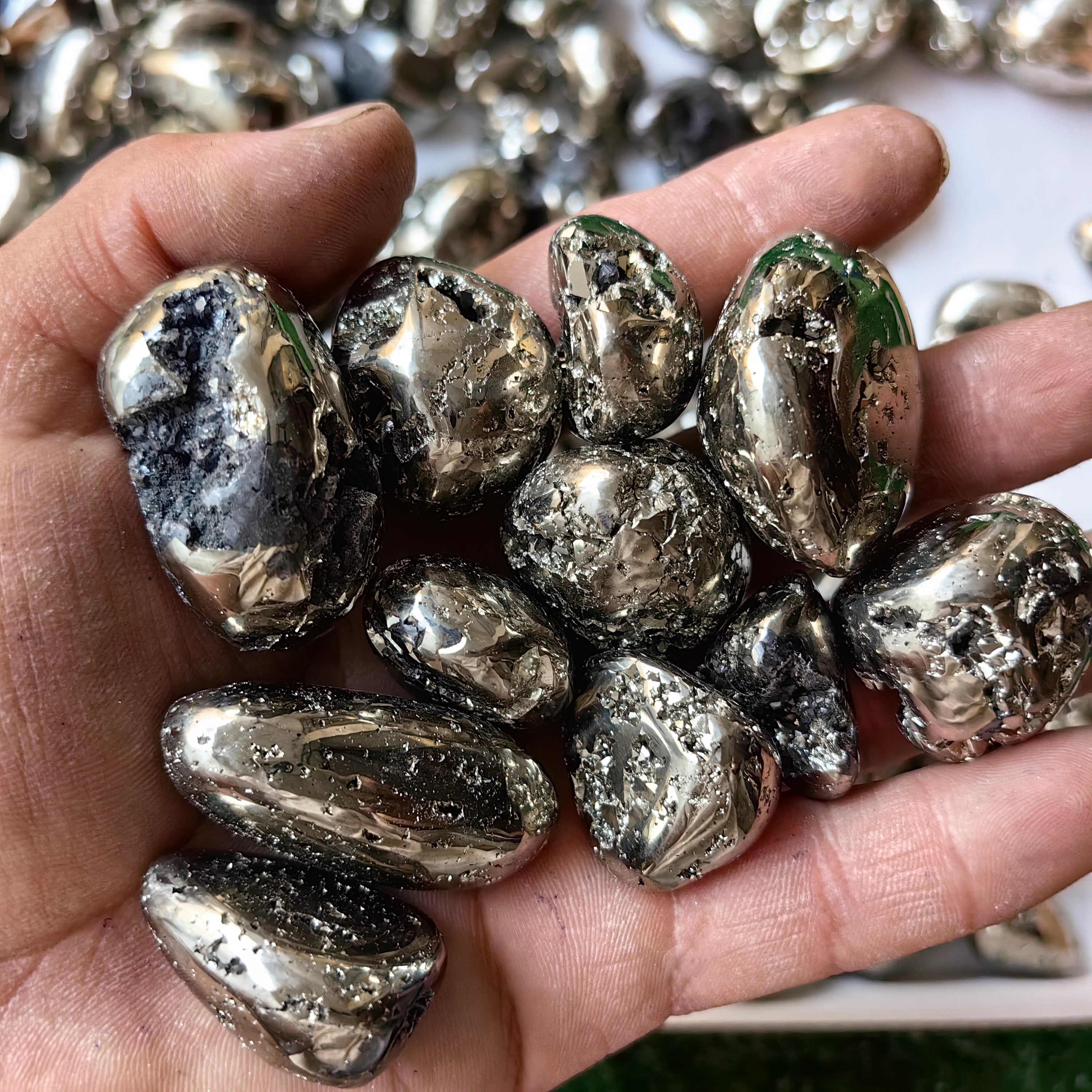 109 pc pyrite tumbled with octactahedral & sphalerite drusy