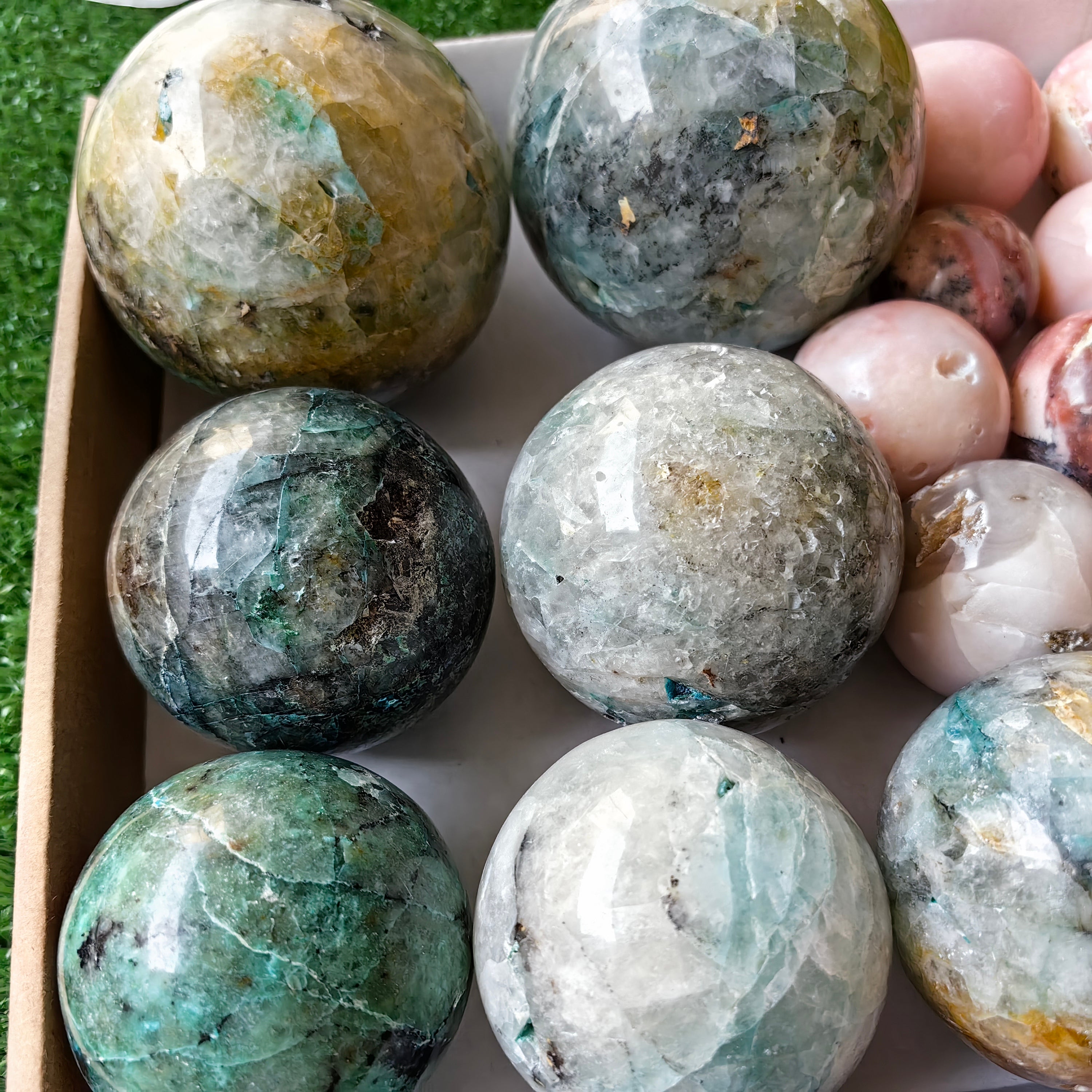 23 pc chrysocolla quartz & pink opal spheres