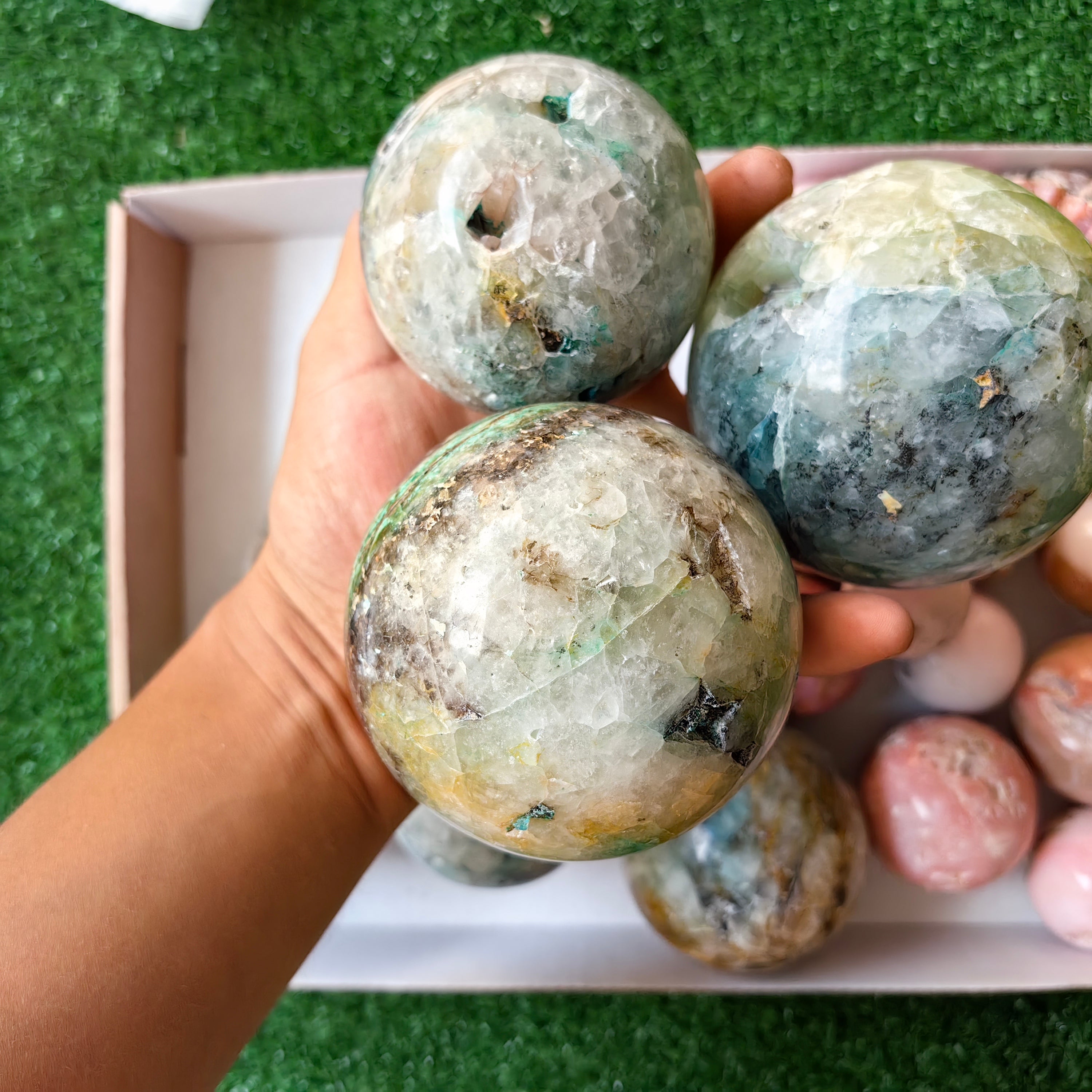 23 pc chrysocolla quartz & pink opal spheres