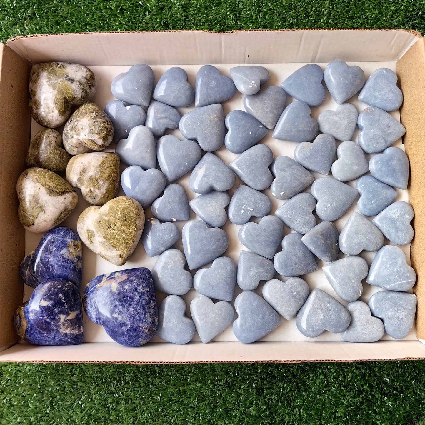 58 pc epidote, sodalite & angelite hearts