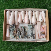 23 pc mangano calcite  wands & pink opal, chrysocolla quartz towers