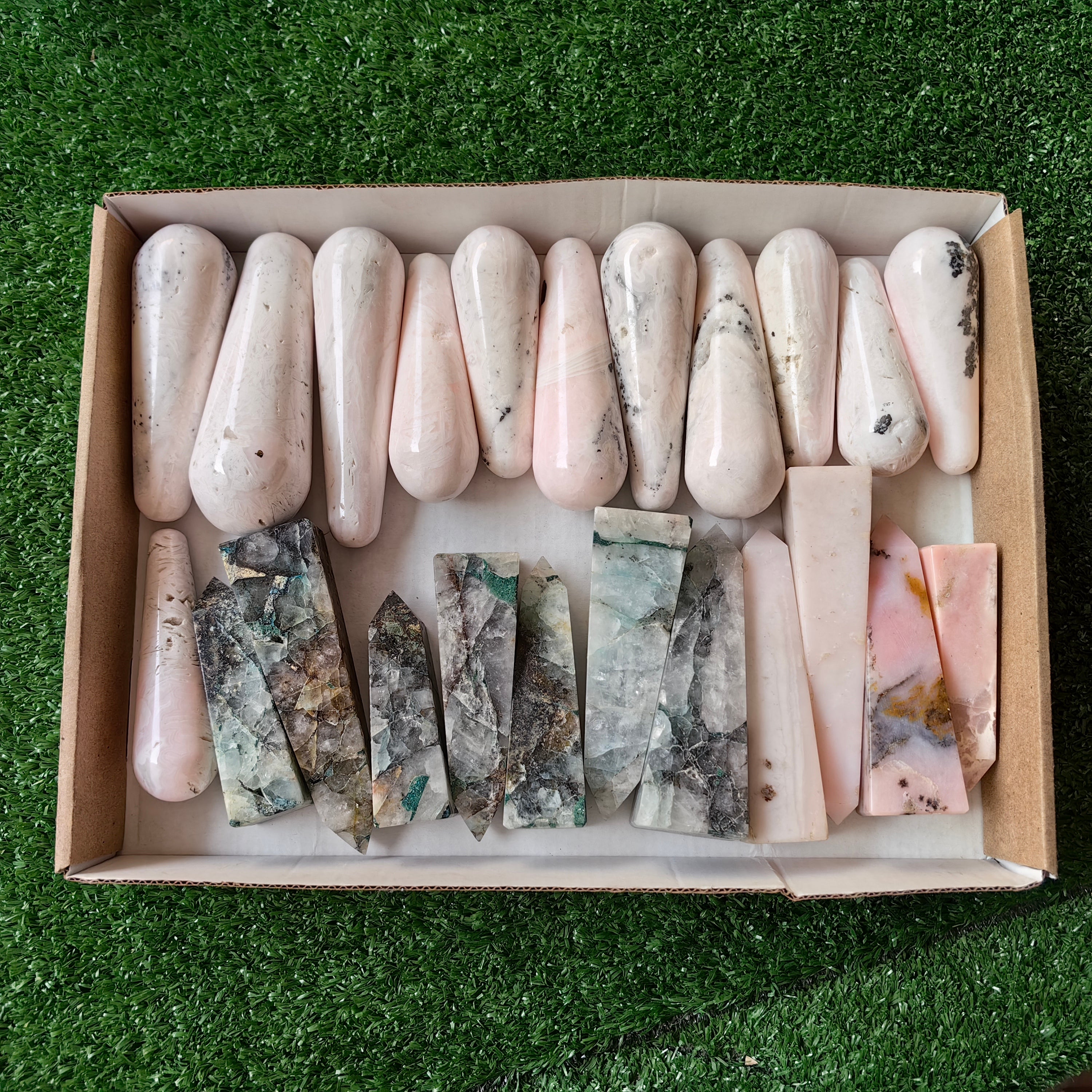 23 pc mangano calcite  wands & pink opal, chrysocolla quartz towers