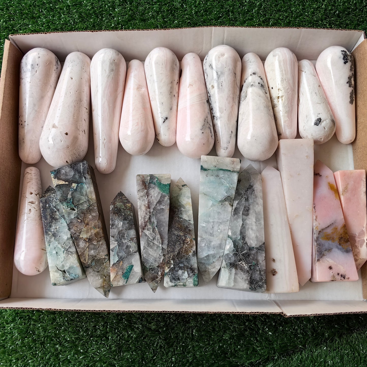 23 pc mangano calcite wands & pink opal, chrysocolla quartz towers