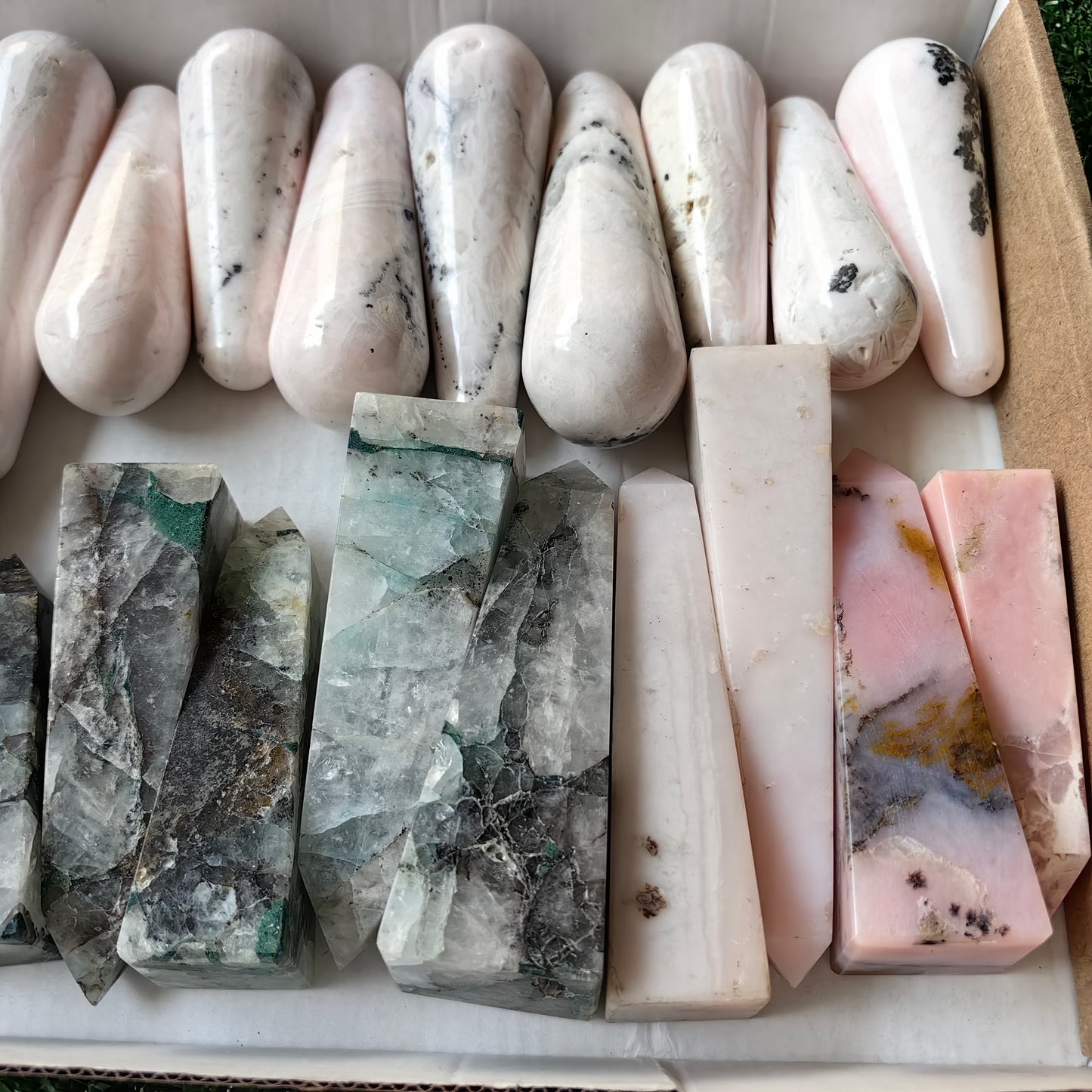 23 pc mangano calcite wands & pink opal, chrysocolla quartz towers