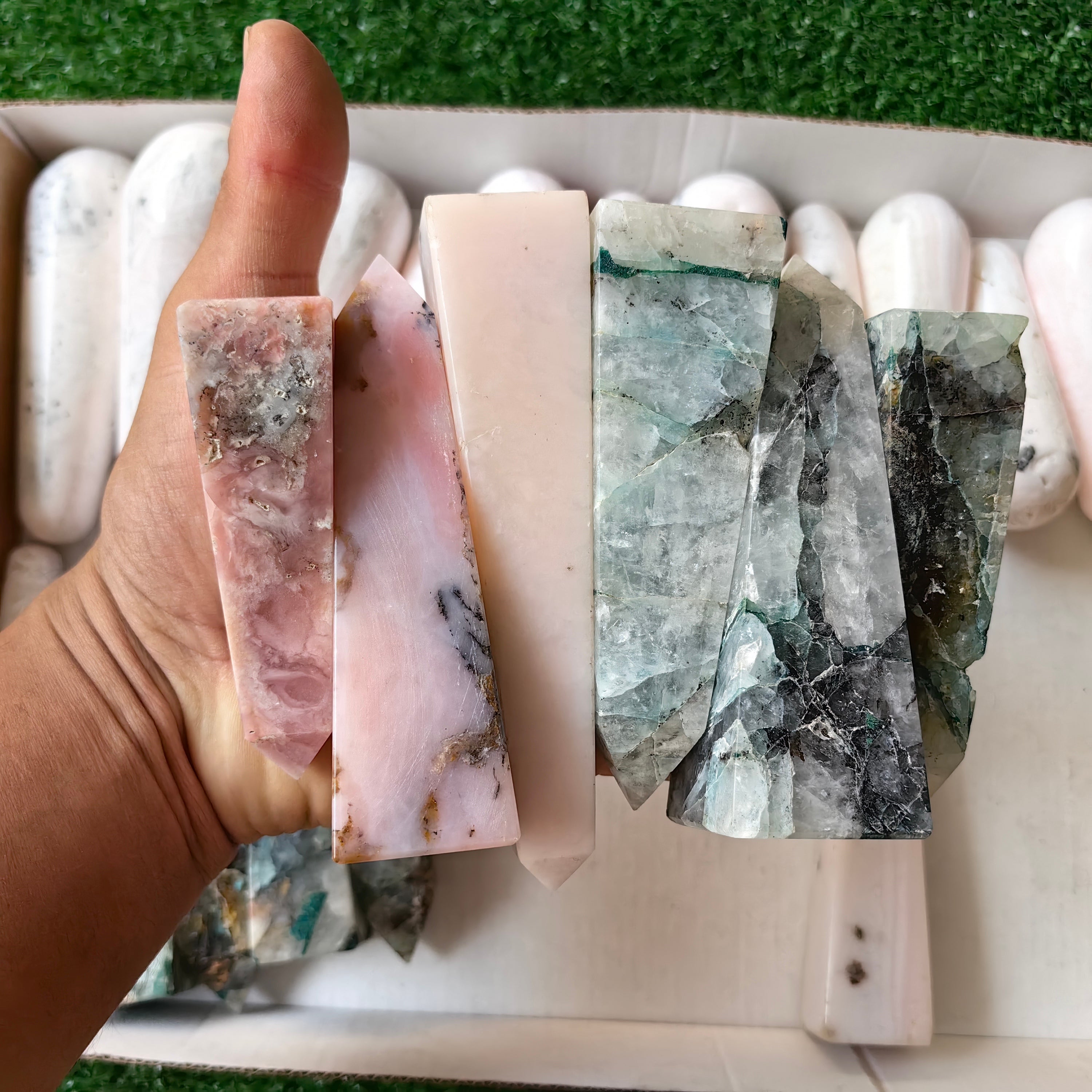 23 pc mangano calcite  wands & pink opal, chrysocolla quartz towers