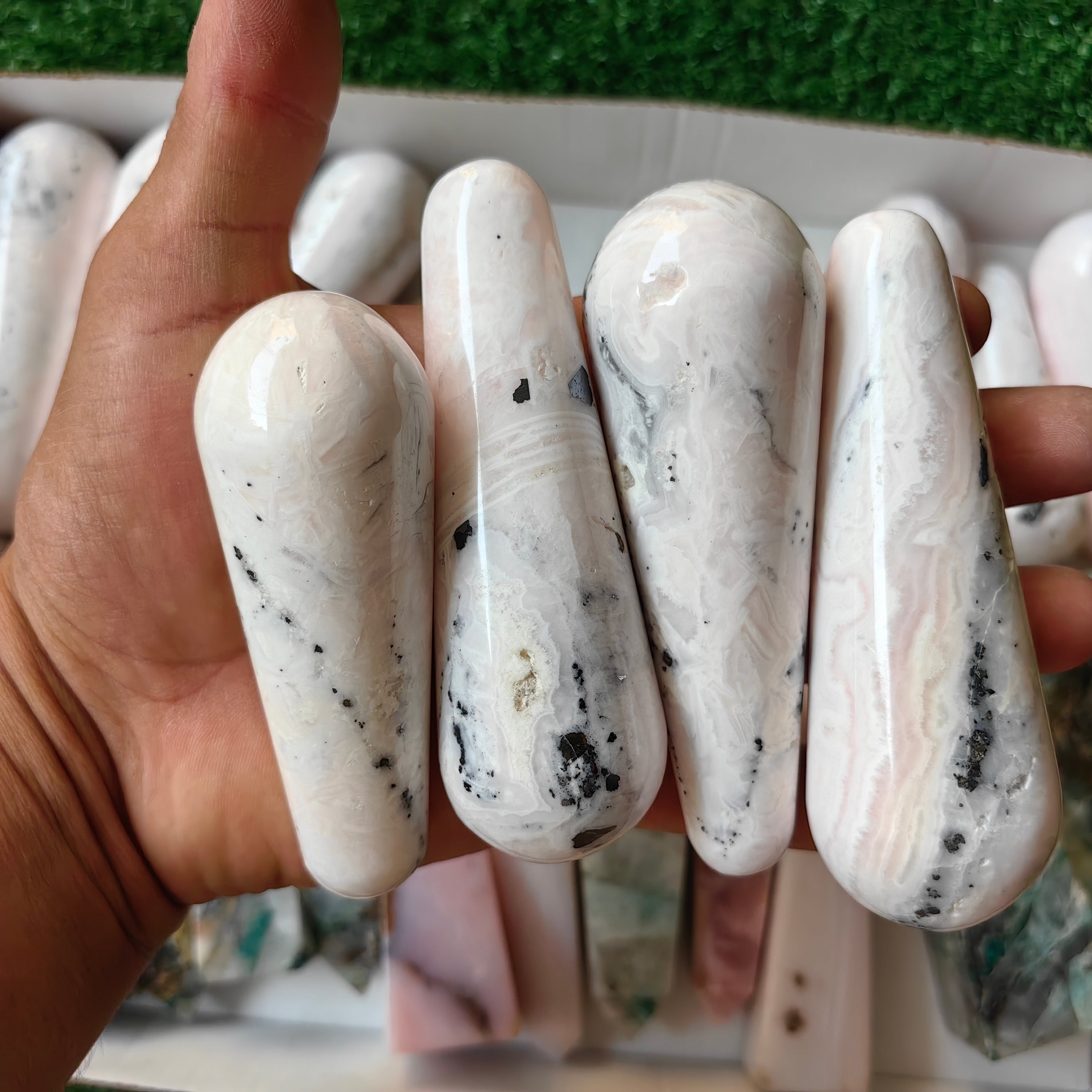 23 pc mangano calcite  wands & pink opal, chrysocolla quartz towers