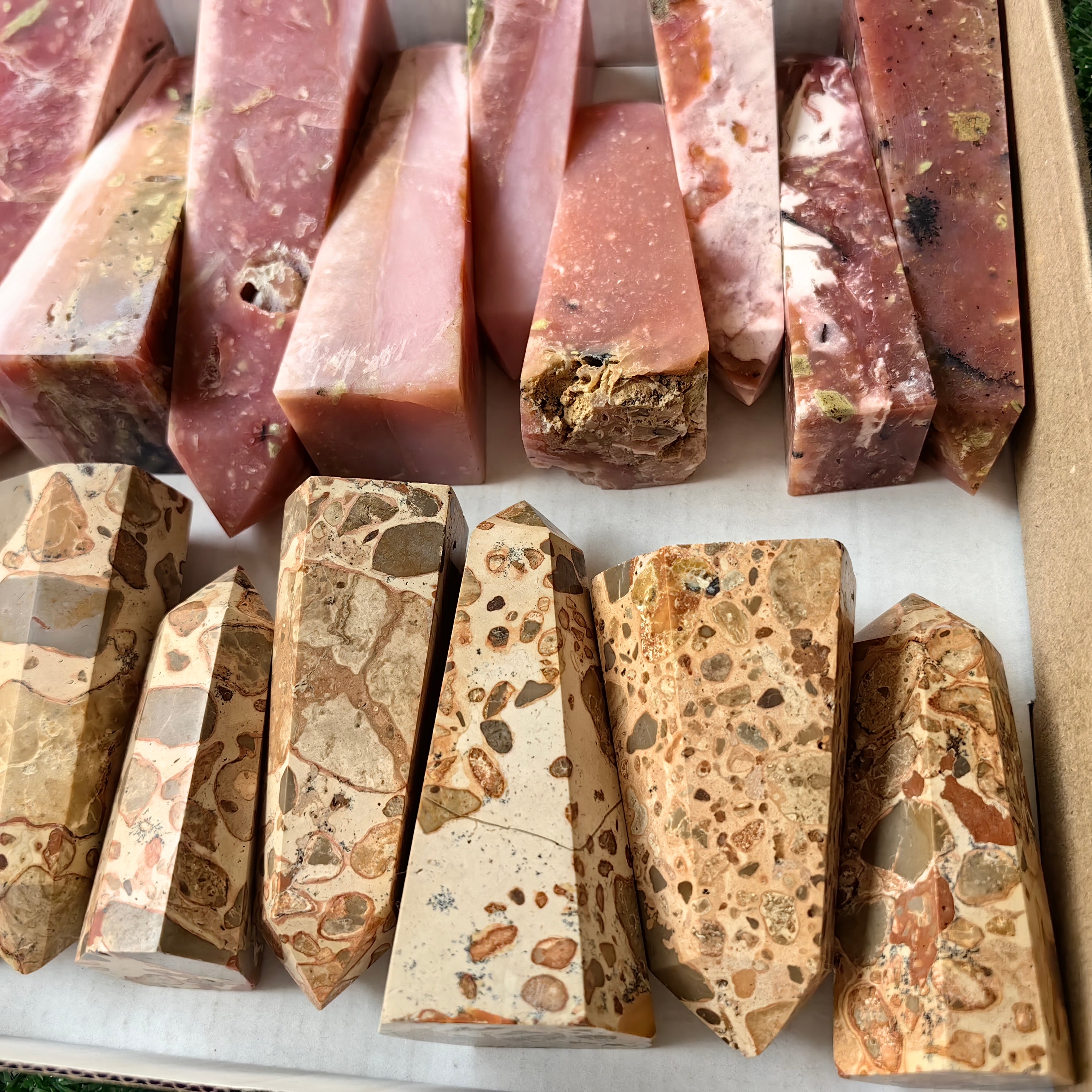 21 pc peruvian pink opal & jasper leopardite towers