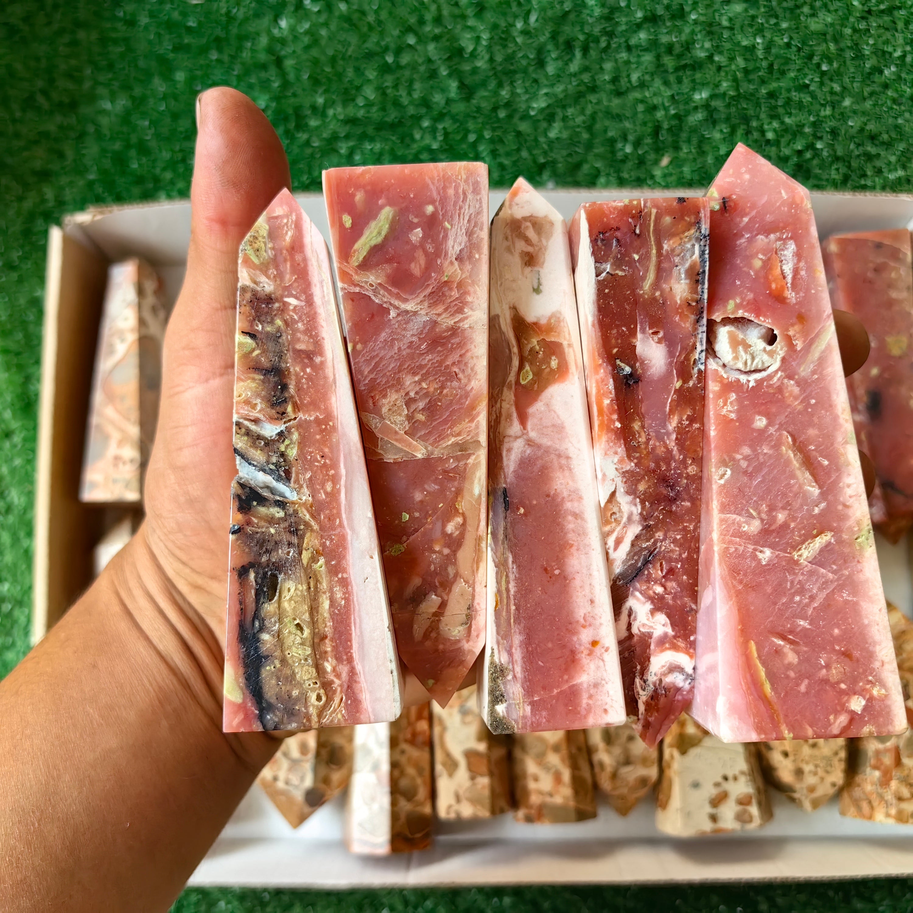 21 pc peruvian pink opal & jasper leopardite towers