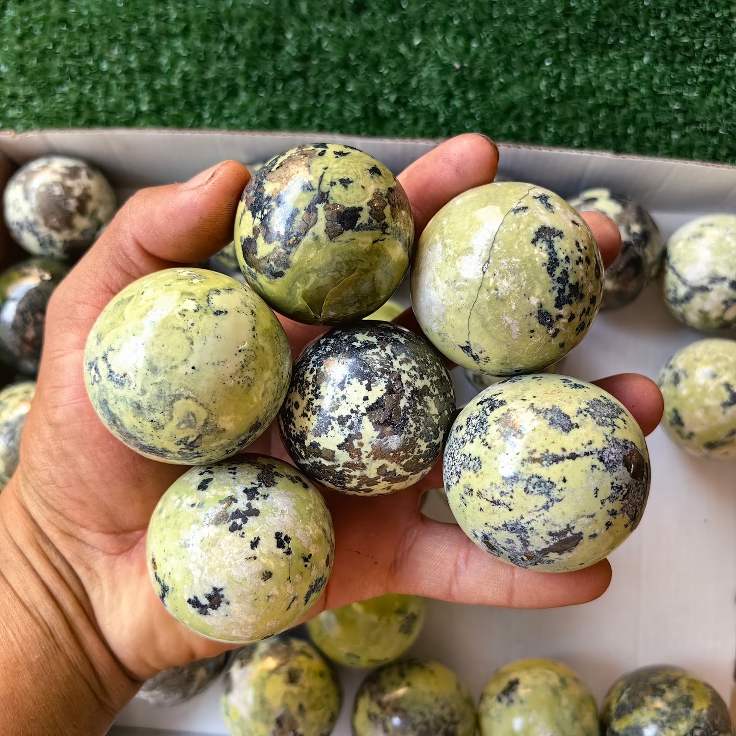 33 pc green serpentine with pyrite spheres