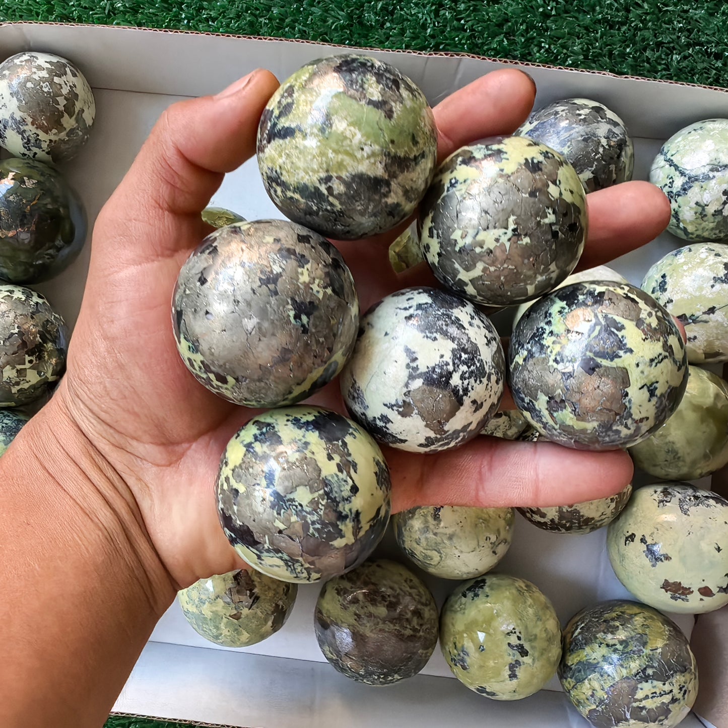 33 pc green serpentine with pyrite spheres