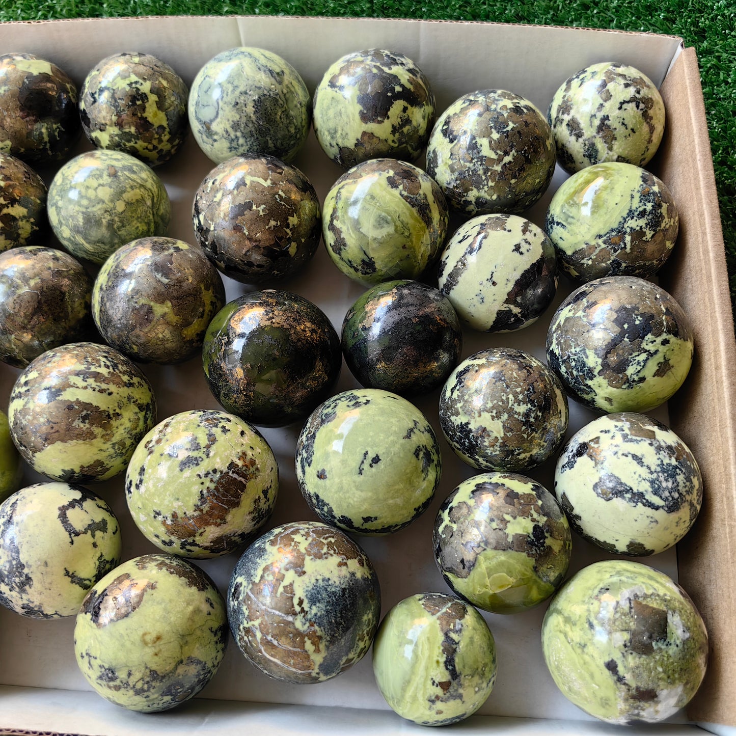 36 pc green serpentine with pyrite spheres