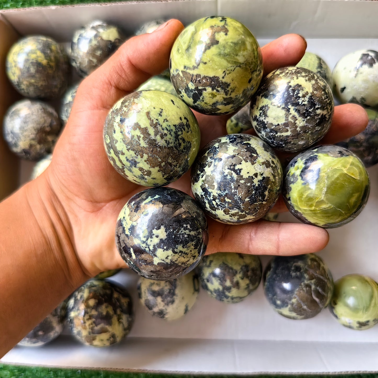 36 pc green serpentine with pyrite spheres