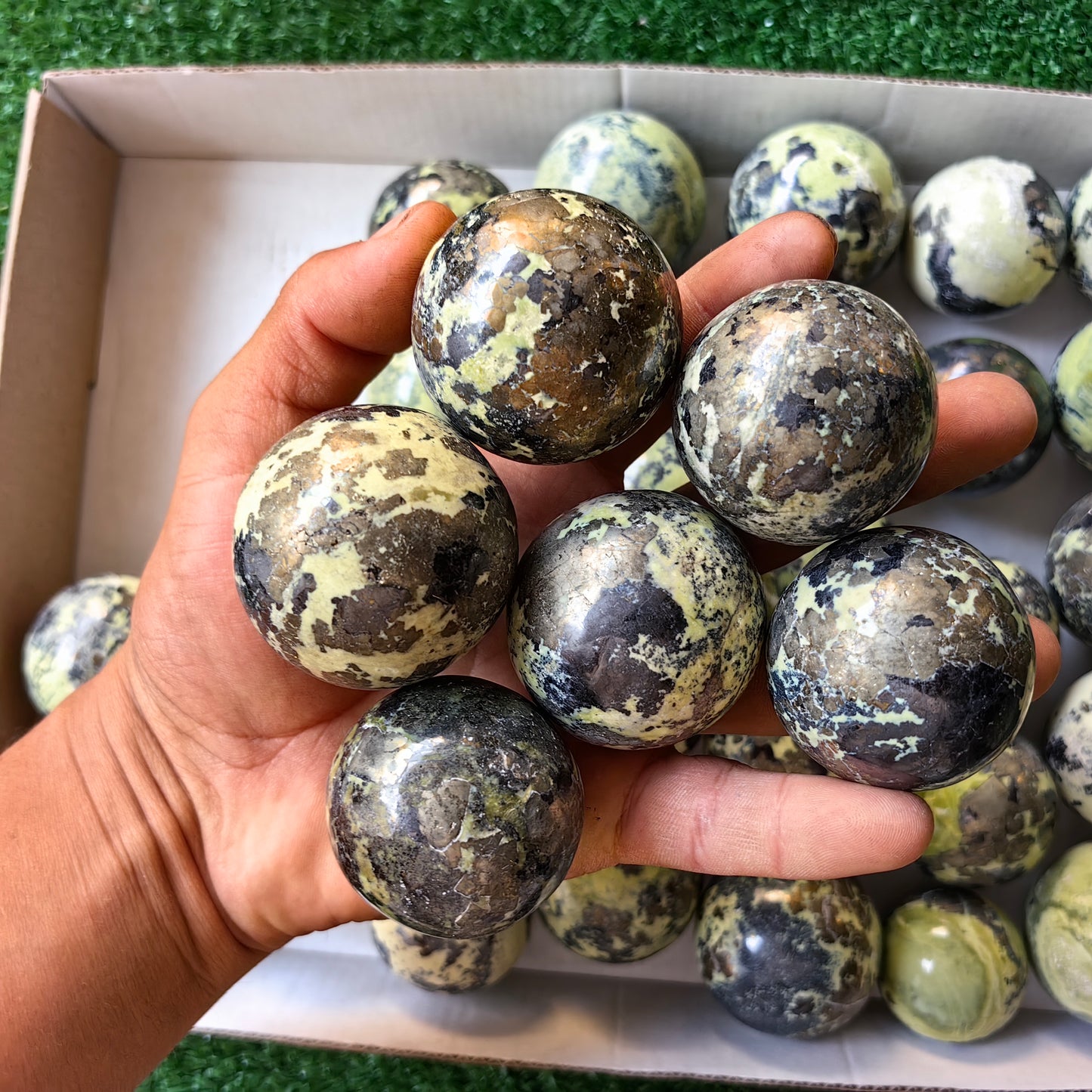 36 pc green serpentine with pyrite spheres