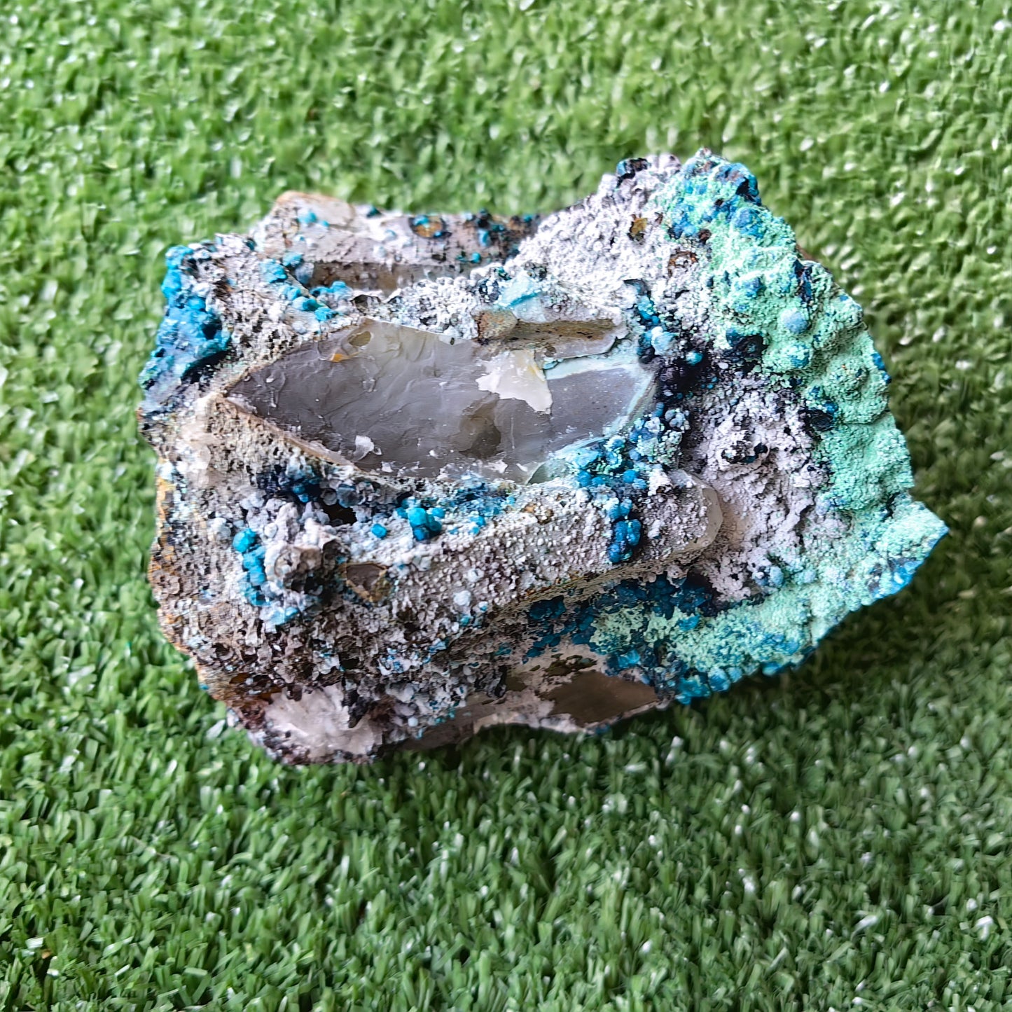 Chrysocolla on Quartz from mine tentadora