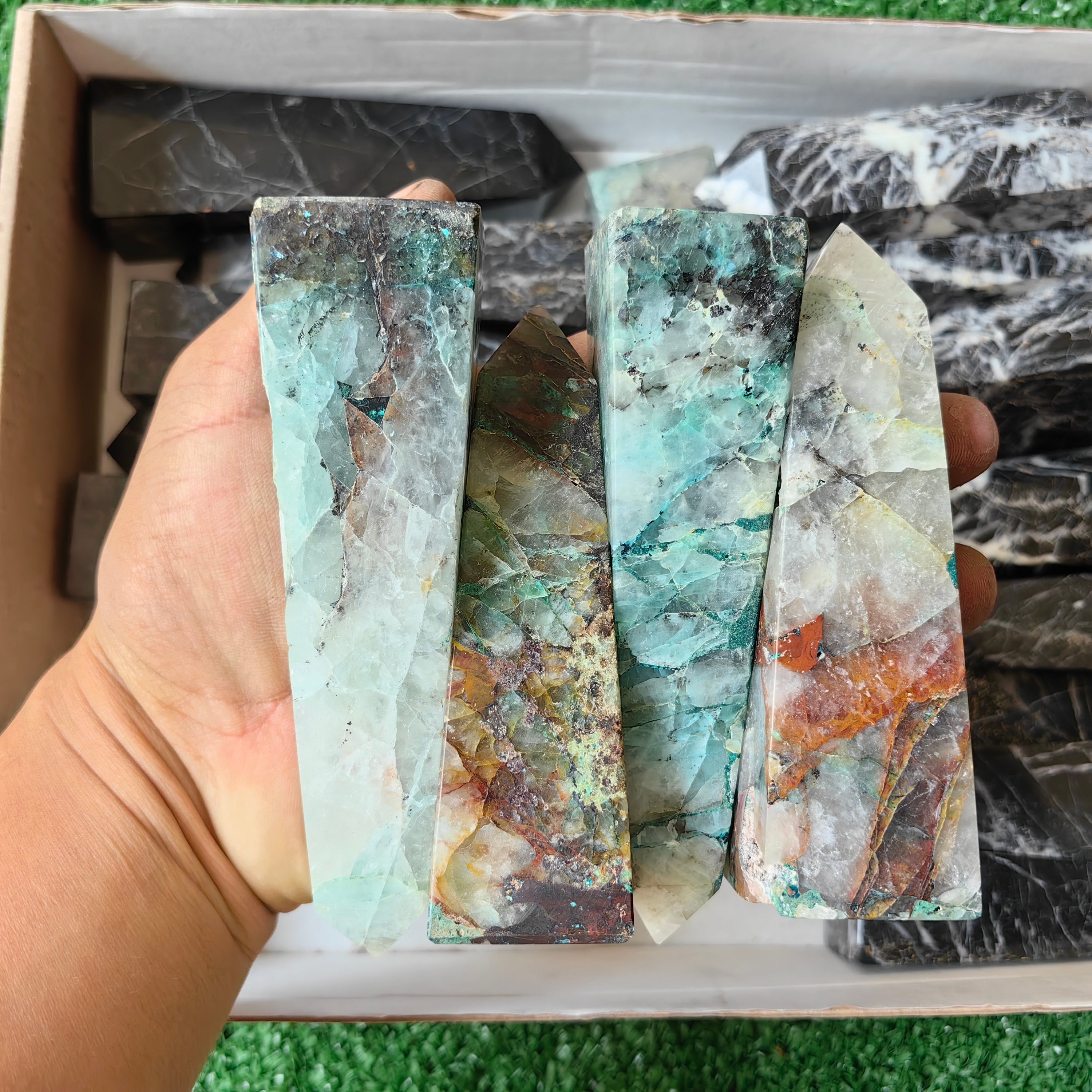 18 pc chrysocolla quartz & cebrite towers