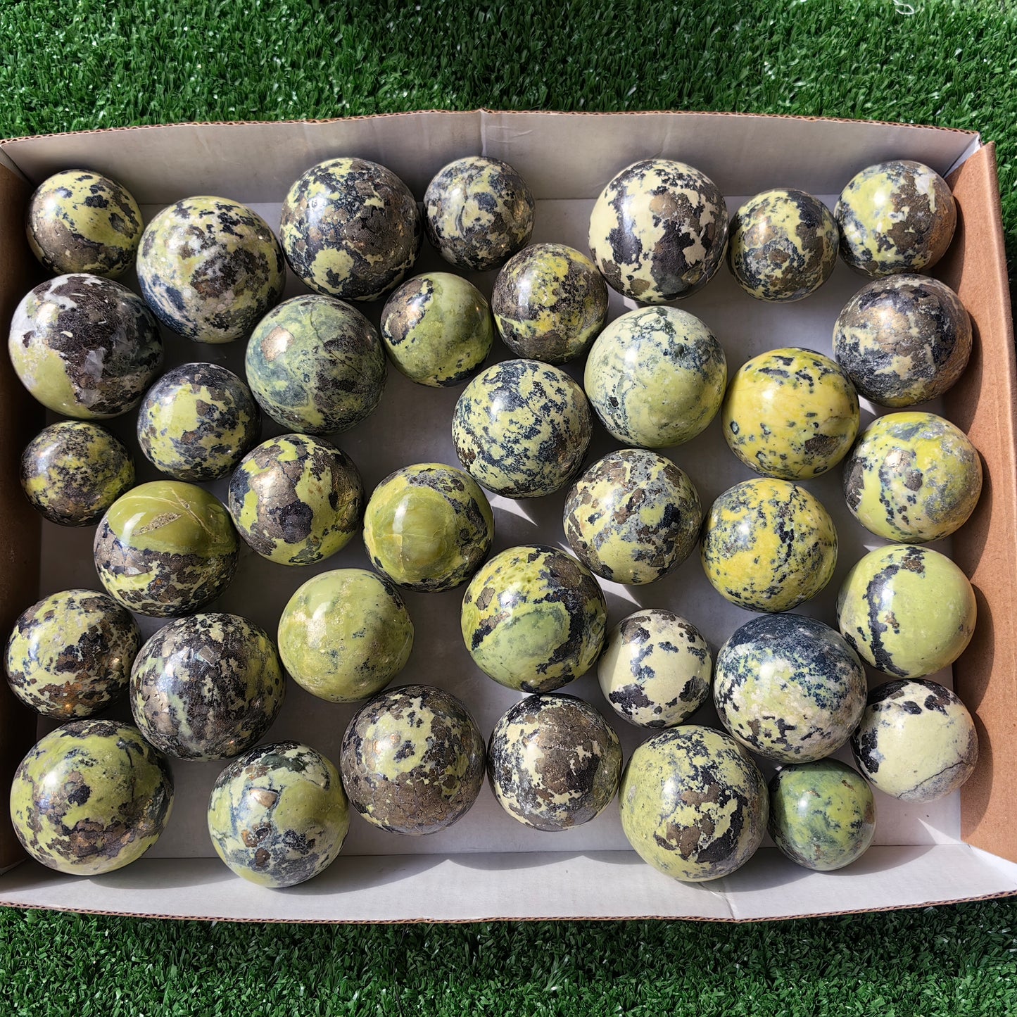 37 pc green serpentine with pyrite spheres