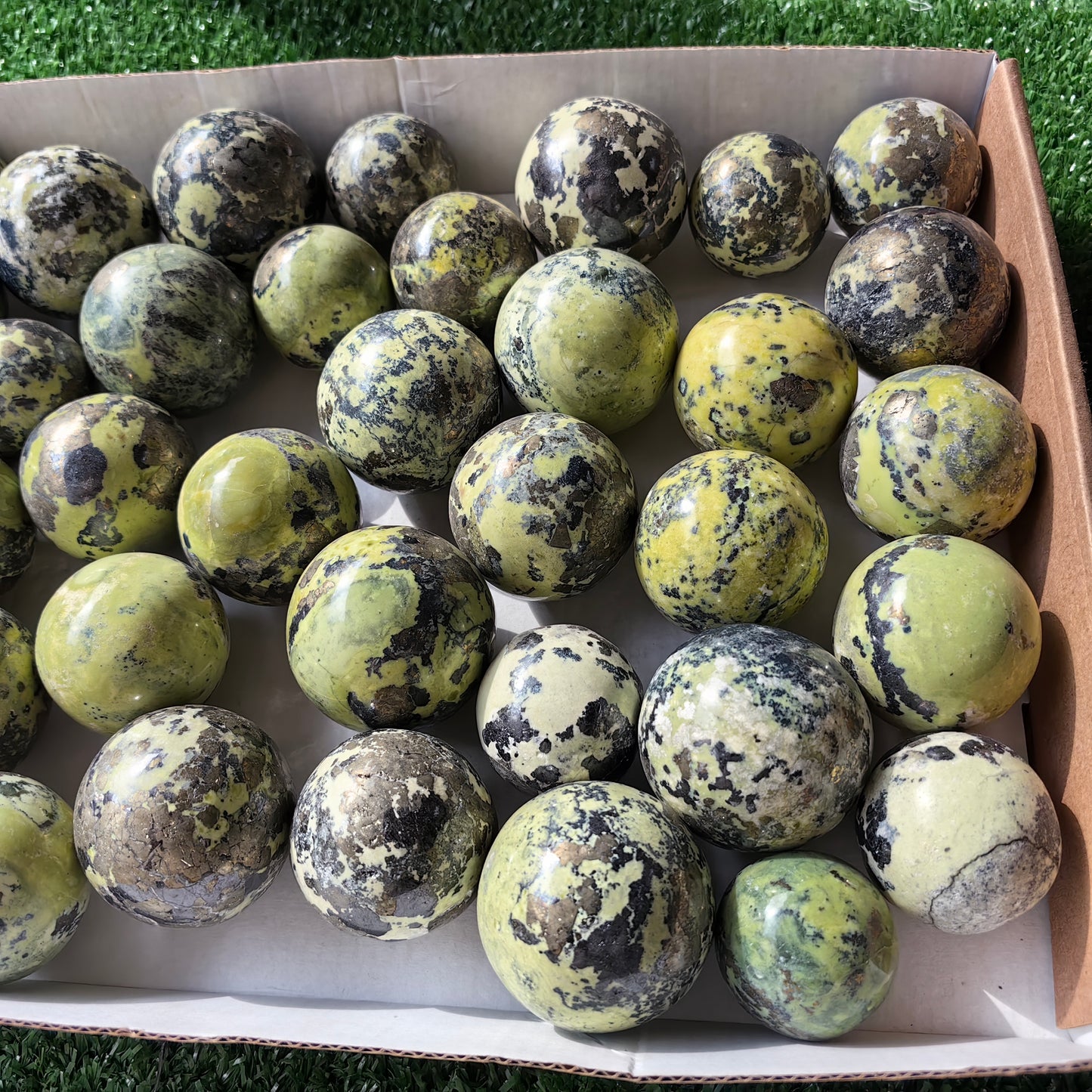 37 pc green serpentine with pyrite spheres