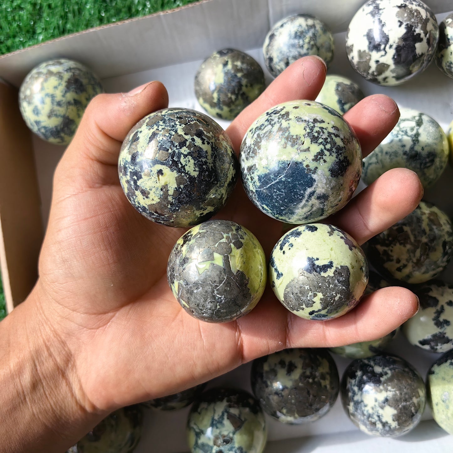 37 pc green serpentine with pyrite spheres