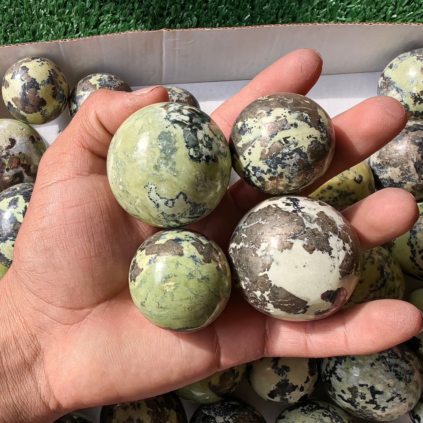 37 pc green serpentine with pyrite spheres