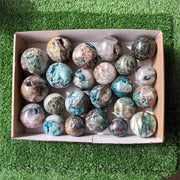 23 pc chrysocolla on quartz & nephrite spheres